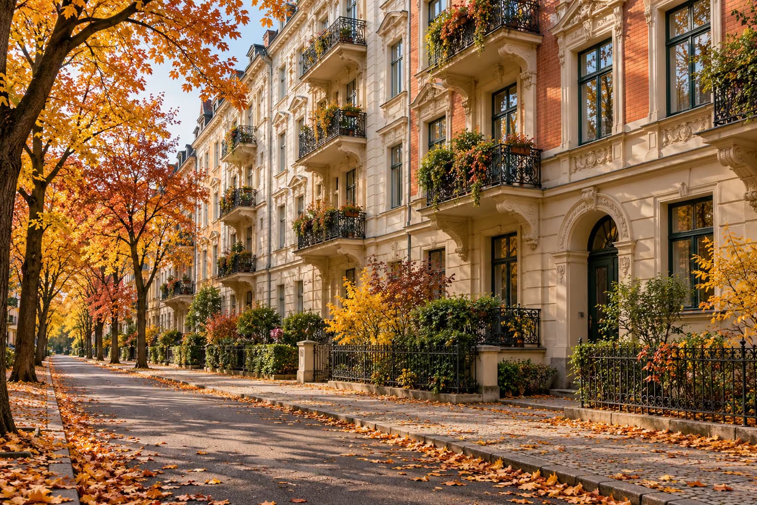Eine Reihe verzierter Altbau-Mehrfamilienhäuser mit Balkonen an einer ruhigen, von Bäumen gesäumten Straße voller Herbstlaub.