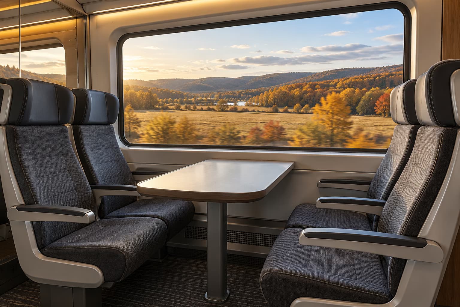 Vier leere graue Sitze um einen Tisch in einem modernen Zug, durch das große Fenster sieht man herbstliche Felder und bewaldete Hügel.
