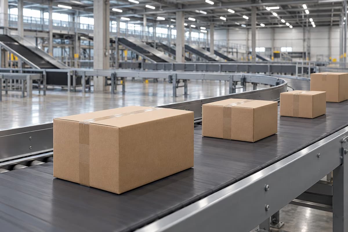 Schlichte Pappkartons auf einem Förderband in einer großen, leeren, modernen Paketsortierhalle.
