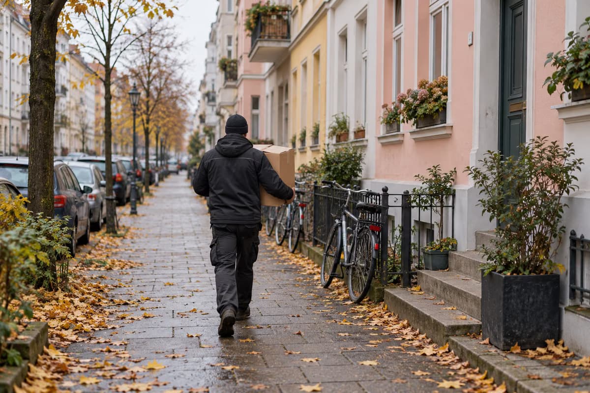 Ein Zusteller, von hinten gesehen, trägt einen Karton über einen Gehweg mit pastellfarbenen Wohnhäusern, Fahrrädern und Herbstlaub.