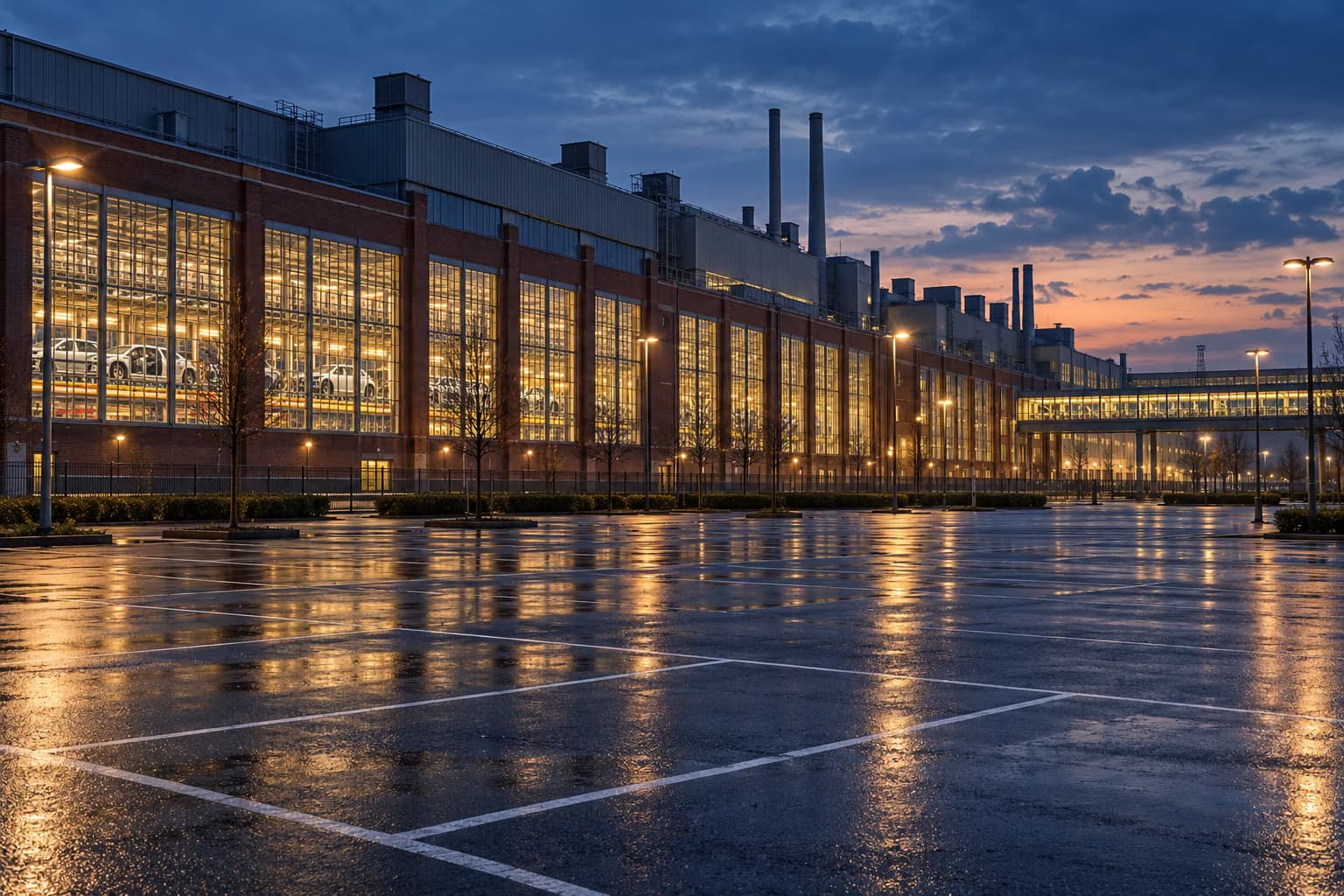 Ein langes Fabrikgebäude aus Backstein mit hell erleuchteten Fenstern, hinter denen Autos zu sehen sind, steht in der Abenddämmerung hinter einem leeren, regennassen Parkplatz.