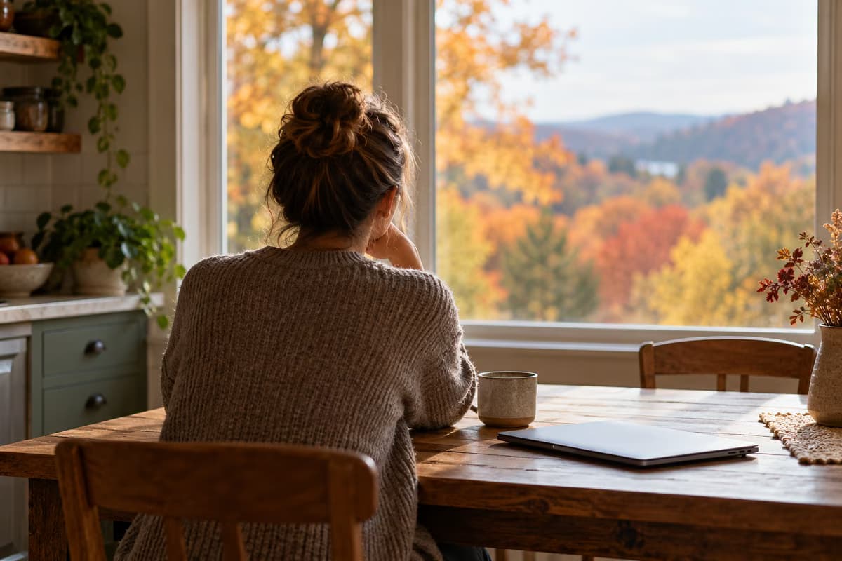 Eine Frau, von hinten gesehen, sitzt an einem hölzernen Küchentisch mit einem zugeklappten Laptop und einer Tasse und blickt aus dem Fenster auf herbstliche Bäume.
