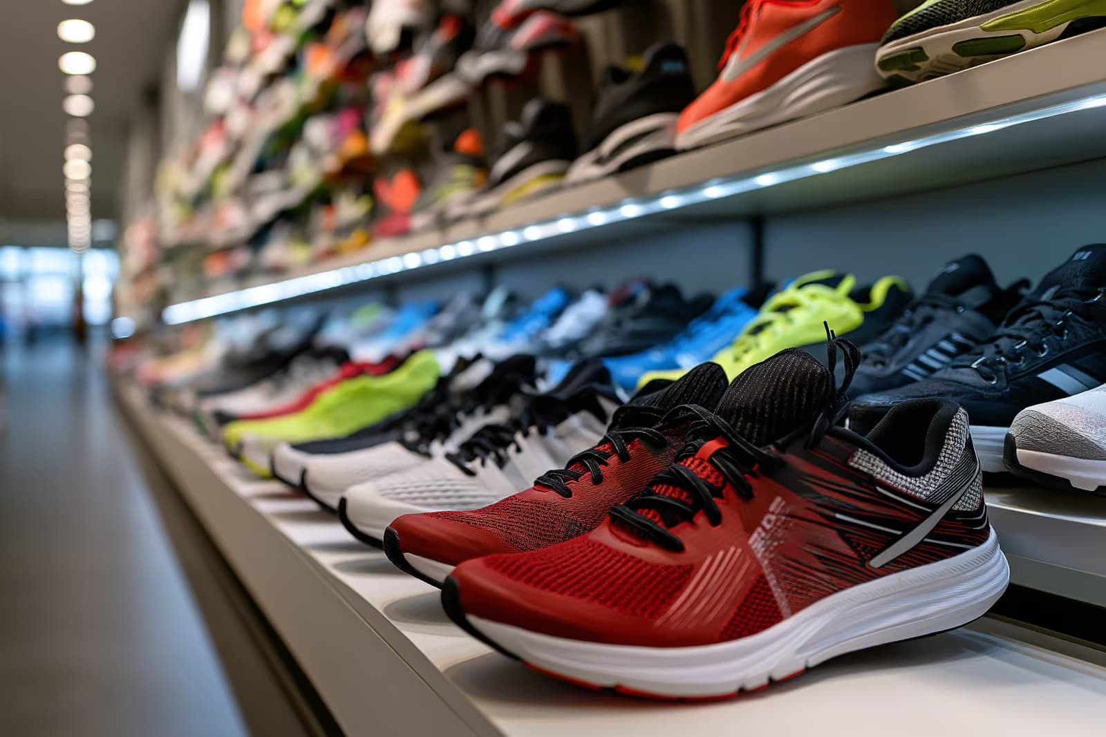 Laufschuhe und Sportbekleidung werden in einem hellen, modernen Sportgeschäft präsentiert.