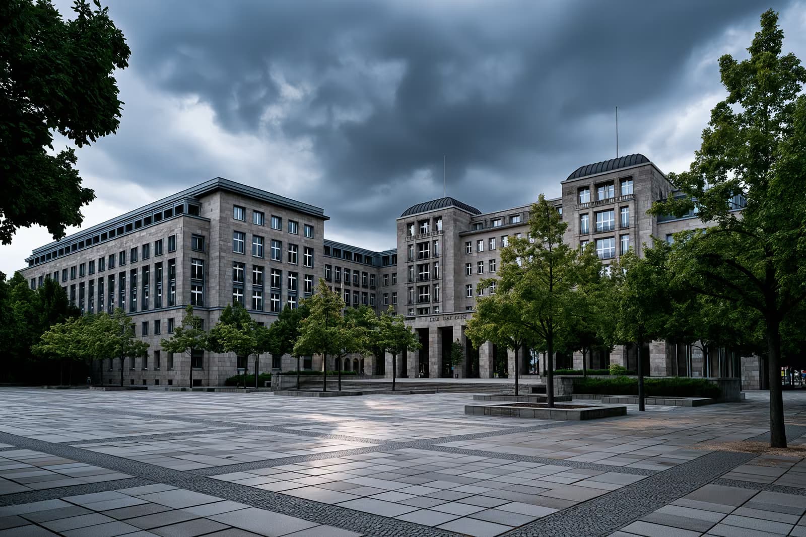 Das deutsche Bundesparlamentsgebäude, im Hintergrund eines leeren öffentlichen Platzes unter schwerem Himmel.