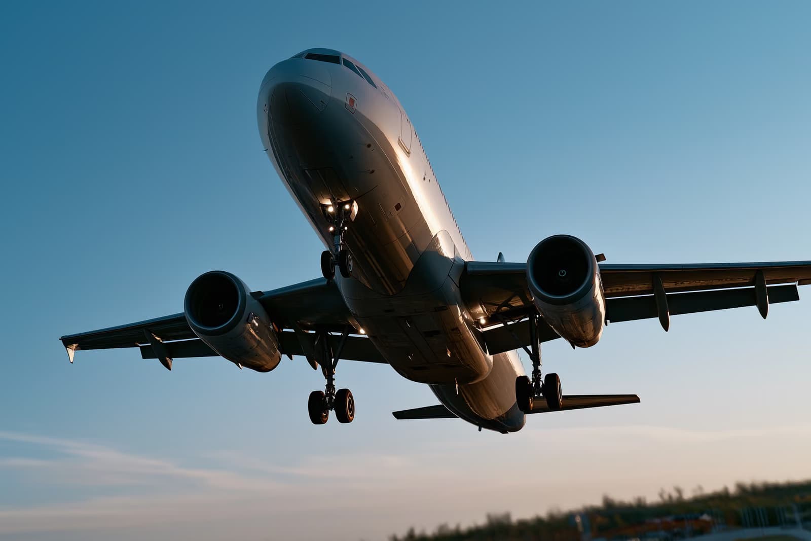 Ein Passagierflugzeug steigt in einen klaren Himmel, vom Boden aus gesehen.