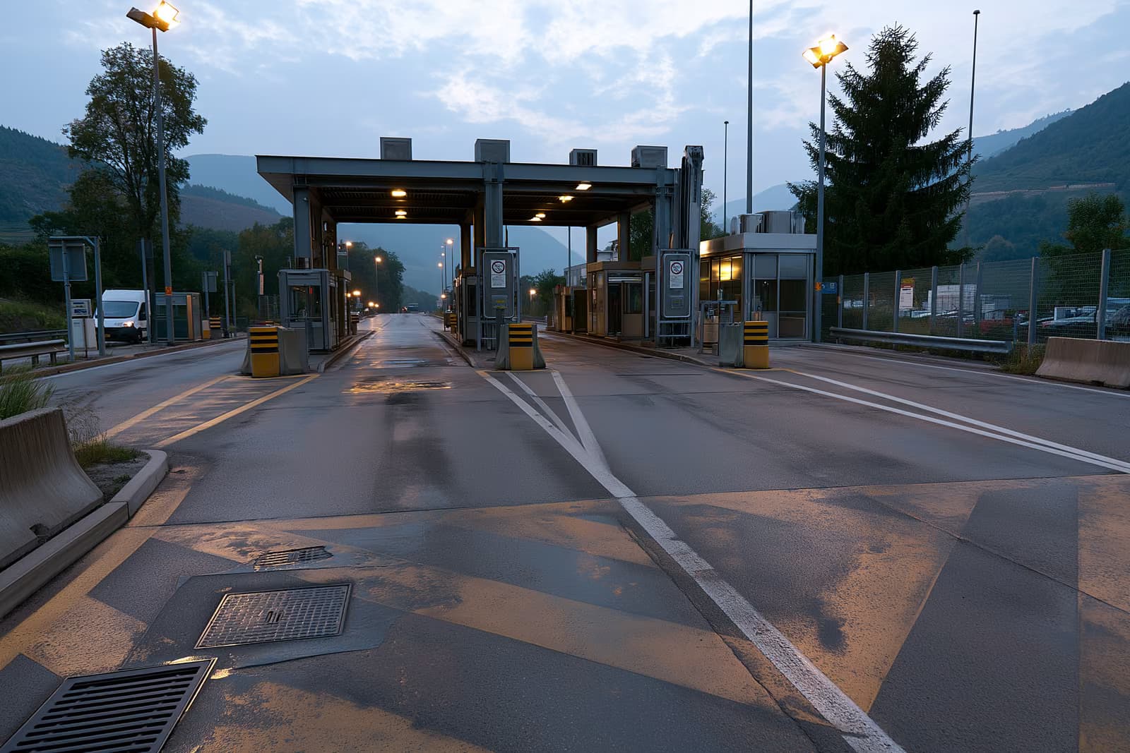 Ein ruhiger Autobahnübergang an der deutsch-österreichischen Grenze mit Fahrbahnmarkierung und leerer Kontrollkabine im Morgengrauen.