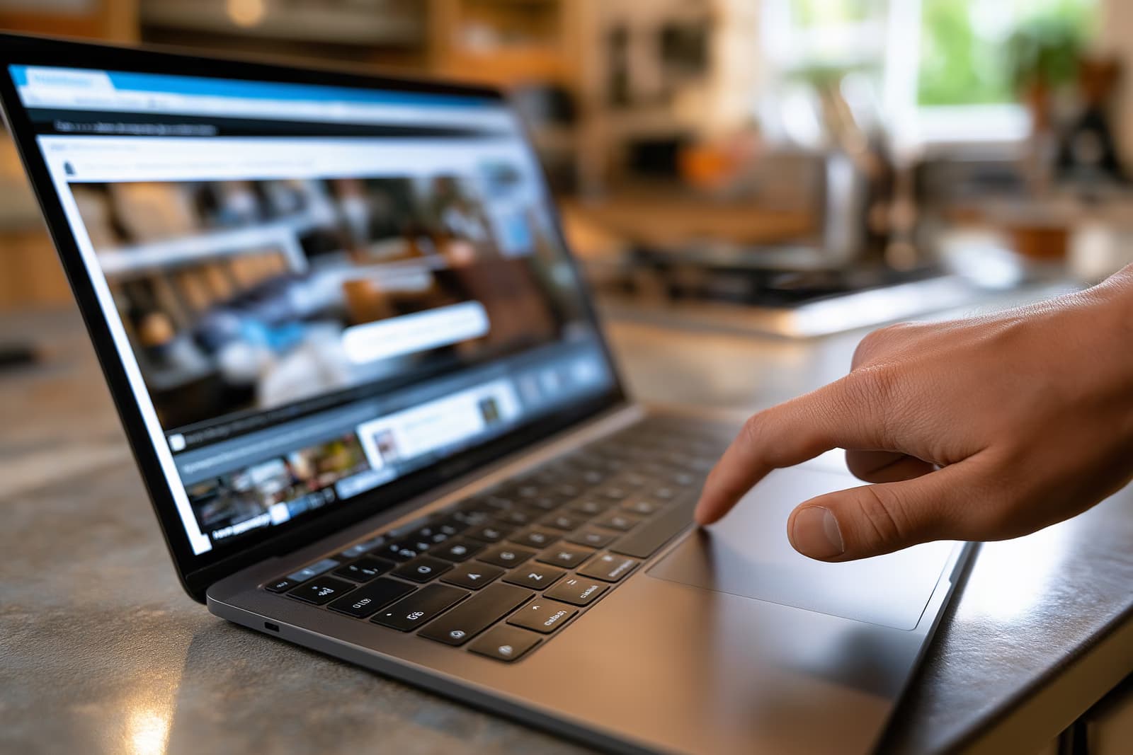 Eine Hand schwebt über einem Laptop auf einem Küchentisch, der eine Online-Stornierungsseite mit einem prominenten Button zeigt.