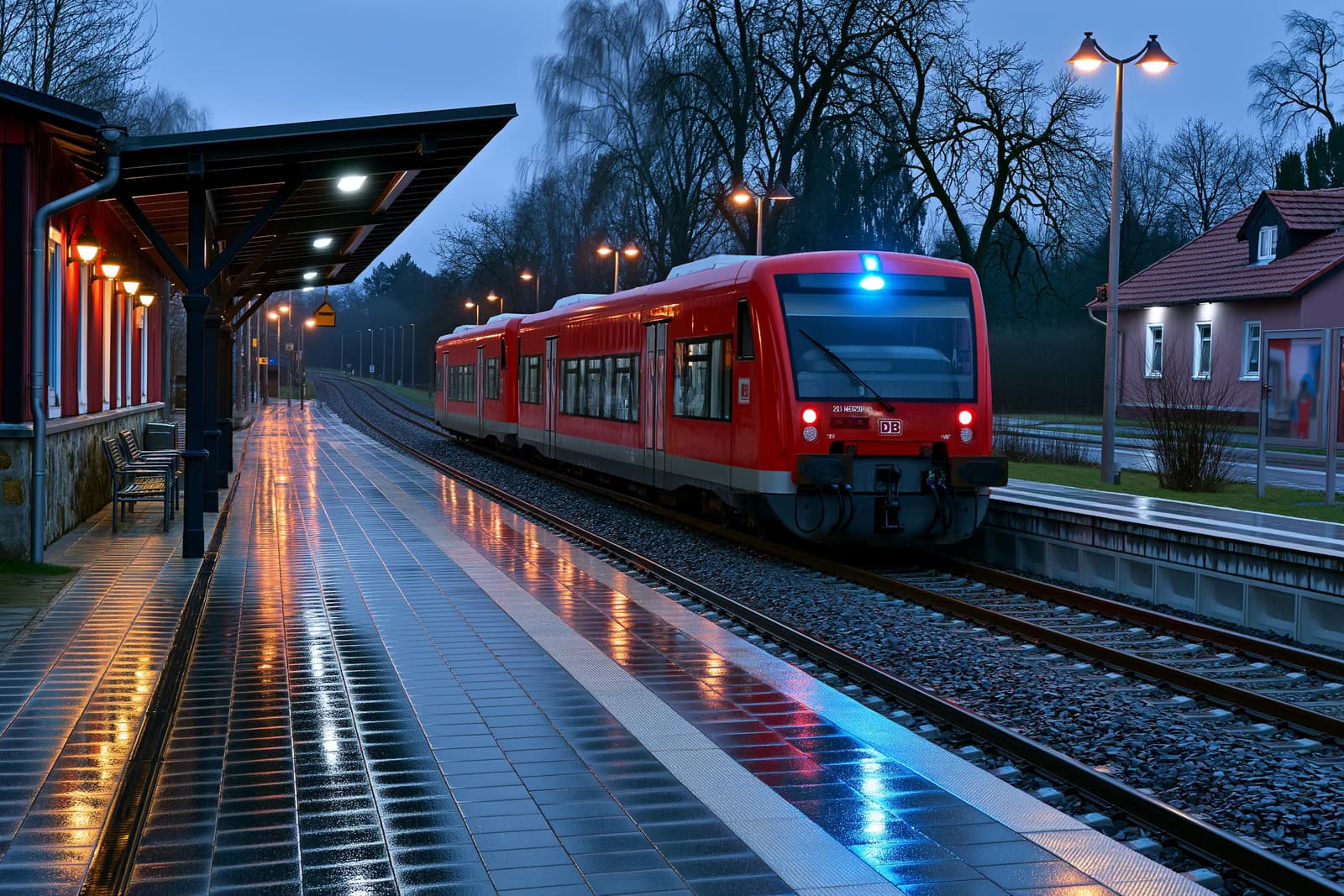 Ein roter Regionalzug hielt in der Abenddämmerung an einem kleinen deutschen Bahnhof, dessen Bahnsteig von blauen Warnleuchten erhellt wurde.