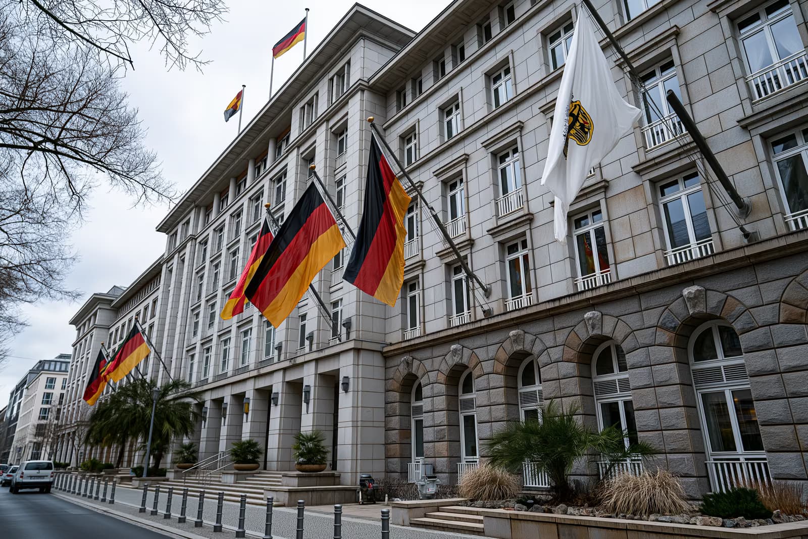 Der deutsche Innenminister an einem Pressepult mit deutschen und EU-Flaggen bei einer Erörterung der Regelungen für Wehrpflichtige in der Ukraine in Deutschland.