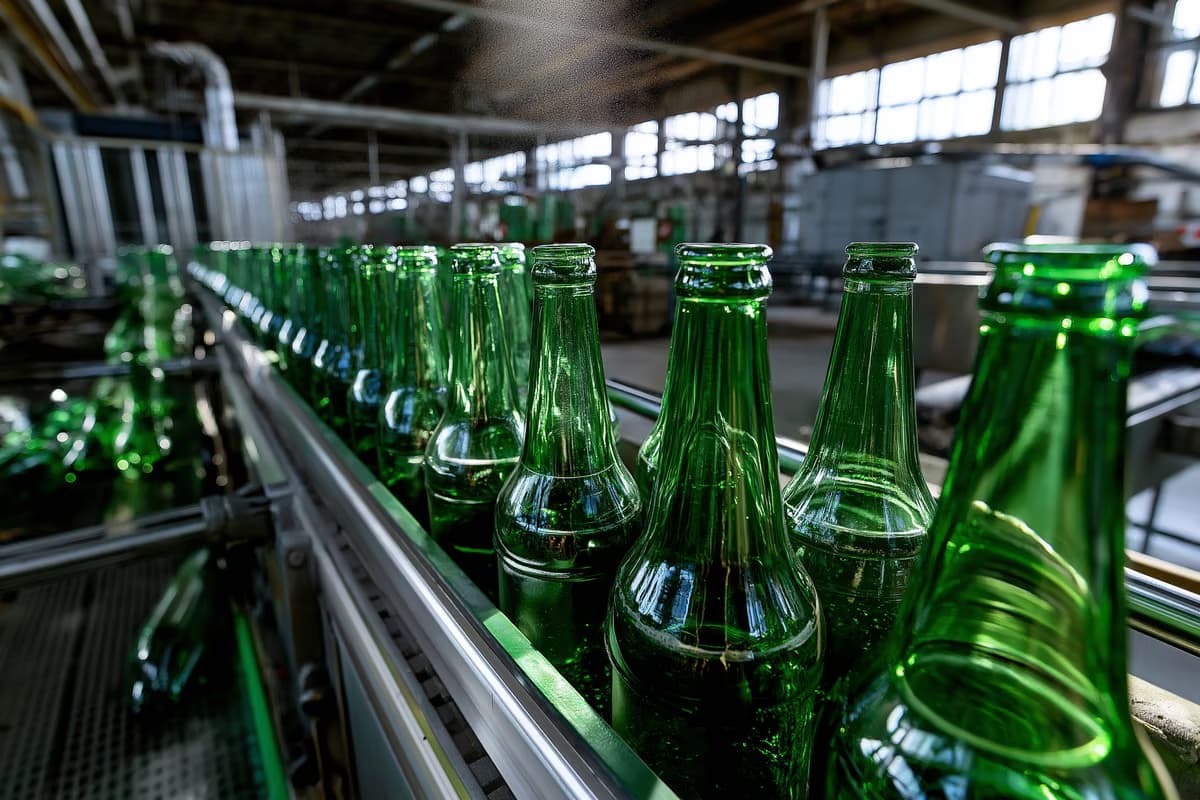Reihen leerer grüner Bierflaschen stehen auf einem stillgelegten Förderband in einer düsteren Abfüllhalle.