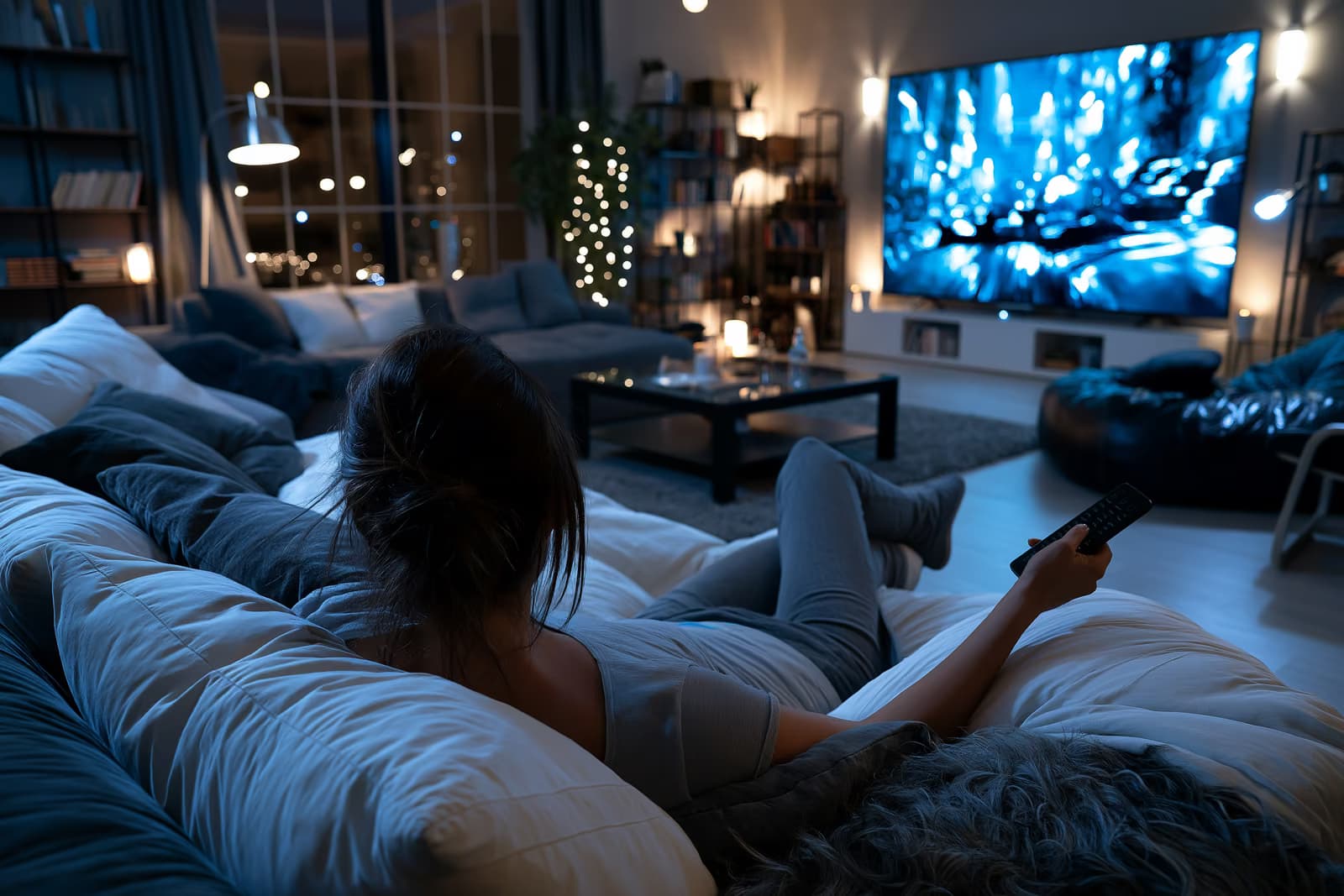 Eine Person sitzt auf einem Sofa und hält eine Fernbedienung vor einem leuchtenden Fernseher.
