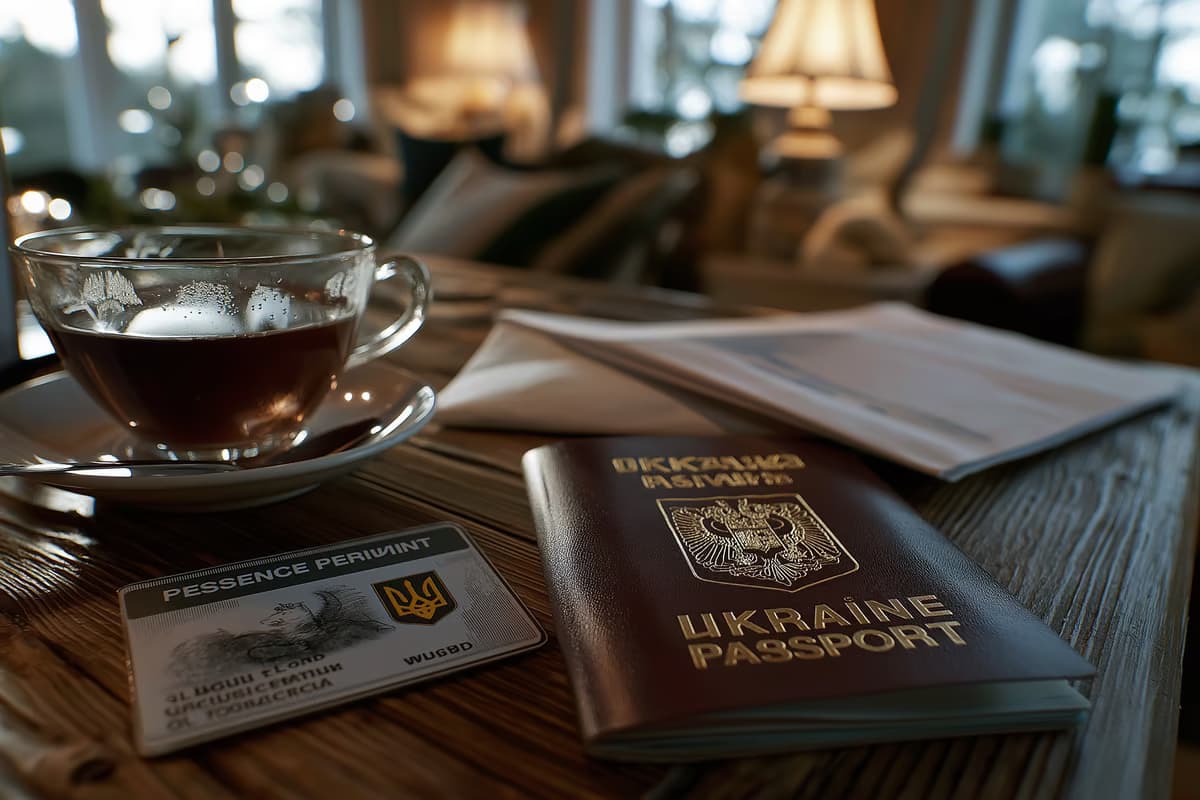 Eine Aufenthaltserlaubniskarte und ein ukrainischer Pass liegen nebeneinander auf einem Tisch in einem deutschen Zuhause.