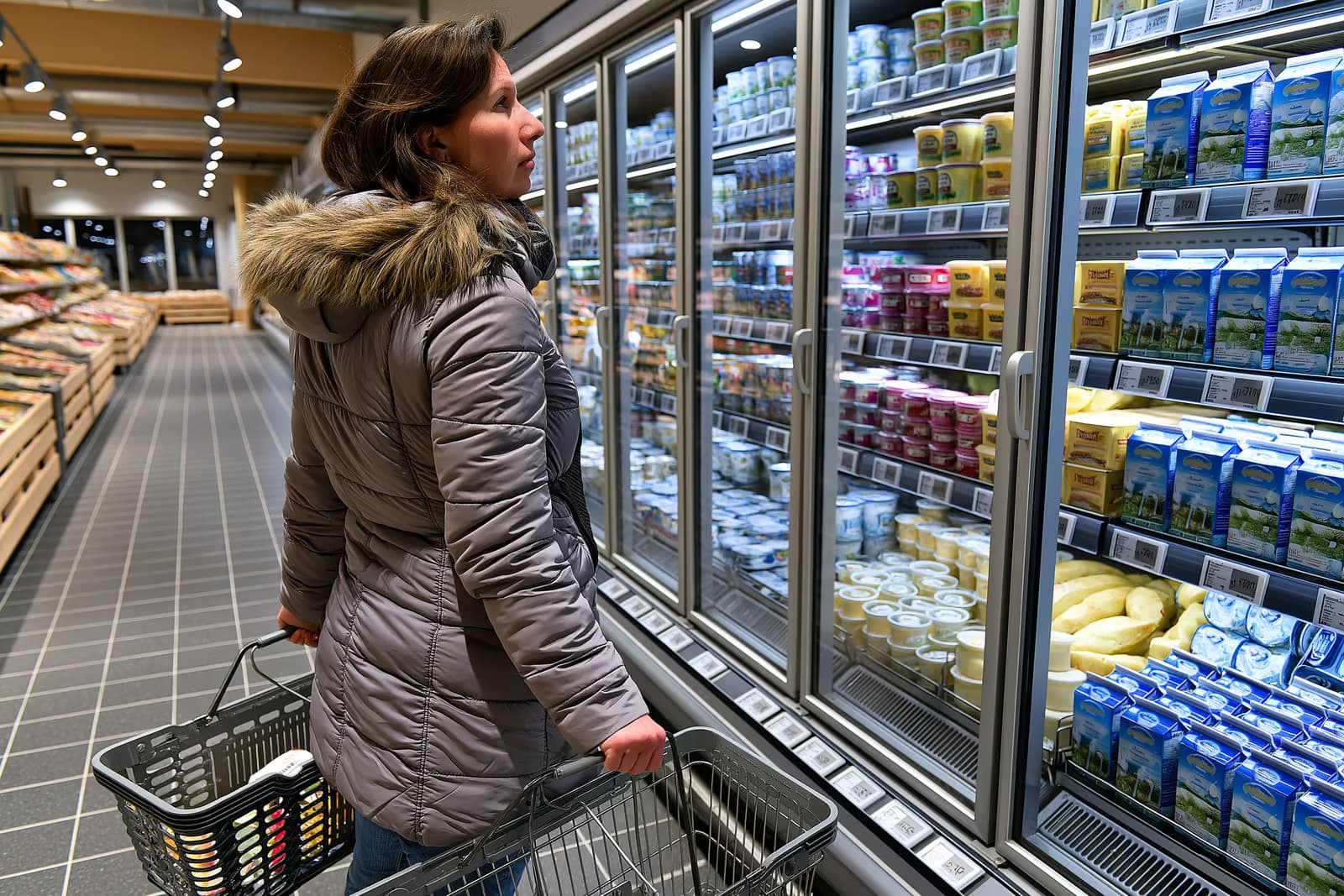 Eine Kundin vergleicht die Lebensmittelpreise in einem deutschen Supermarkt und hält dabei einen Kassenbon vor Milchprodukte und Eier.