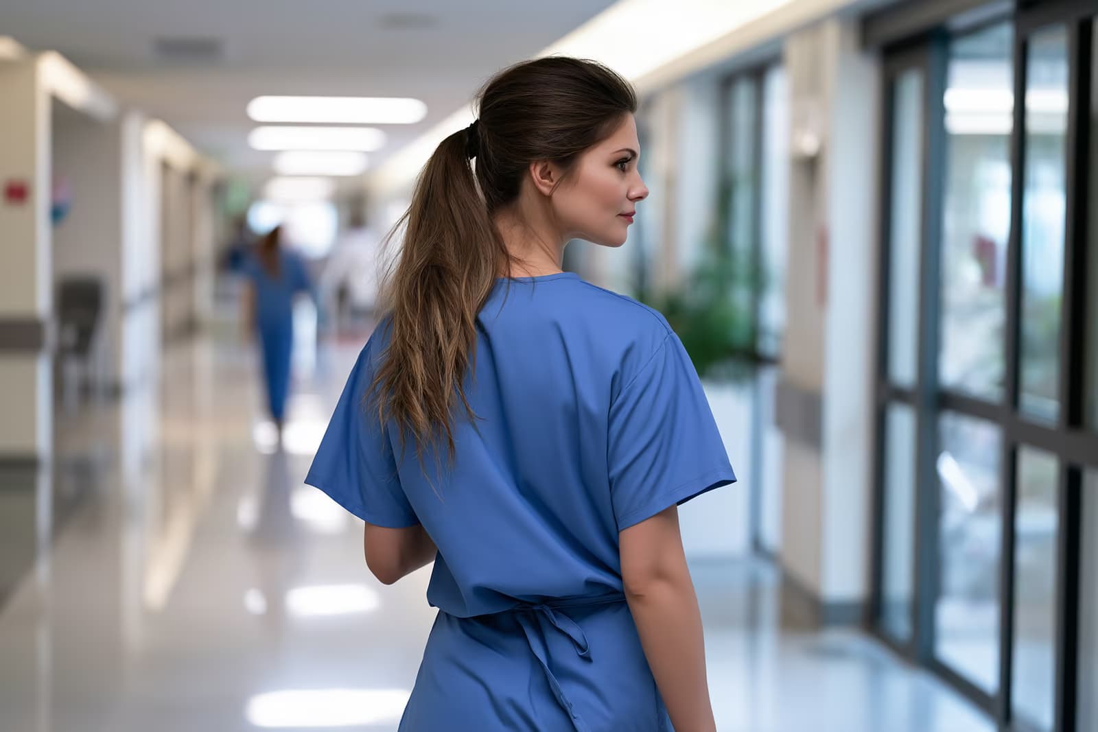 Eine medizinische Fachkraft in einfacher OP-Kleidung steht in einem hellen Krankenhausflur.