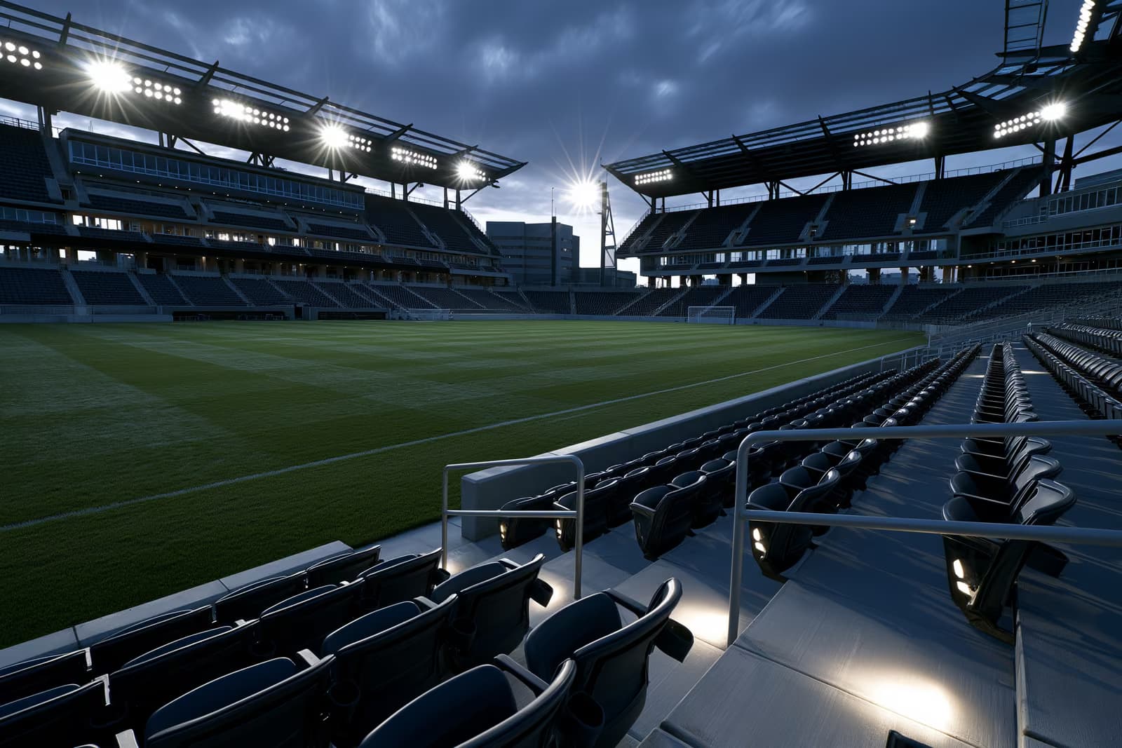 Ein leeres Fußballstadion in der Abenddämmerung mit Flutlicht und verwaisten Tribünen.