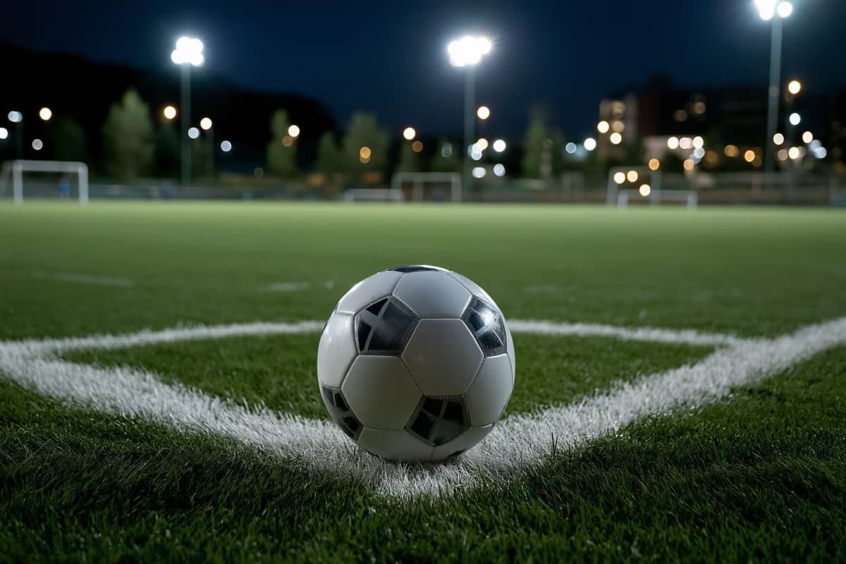 Ein einzelner Fußball liegt auf dem Elfmeterpunkt eines Flutlichtspielfelds.