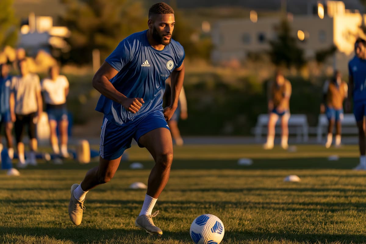 Ein Linksfuß in einem markenlosen blauen Trainingsanzug sprintet im sanften goldenen Licht mit dem Ball am Fuß die Außenbahn entlang.