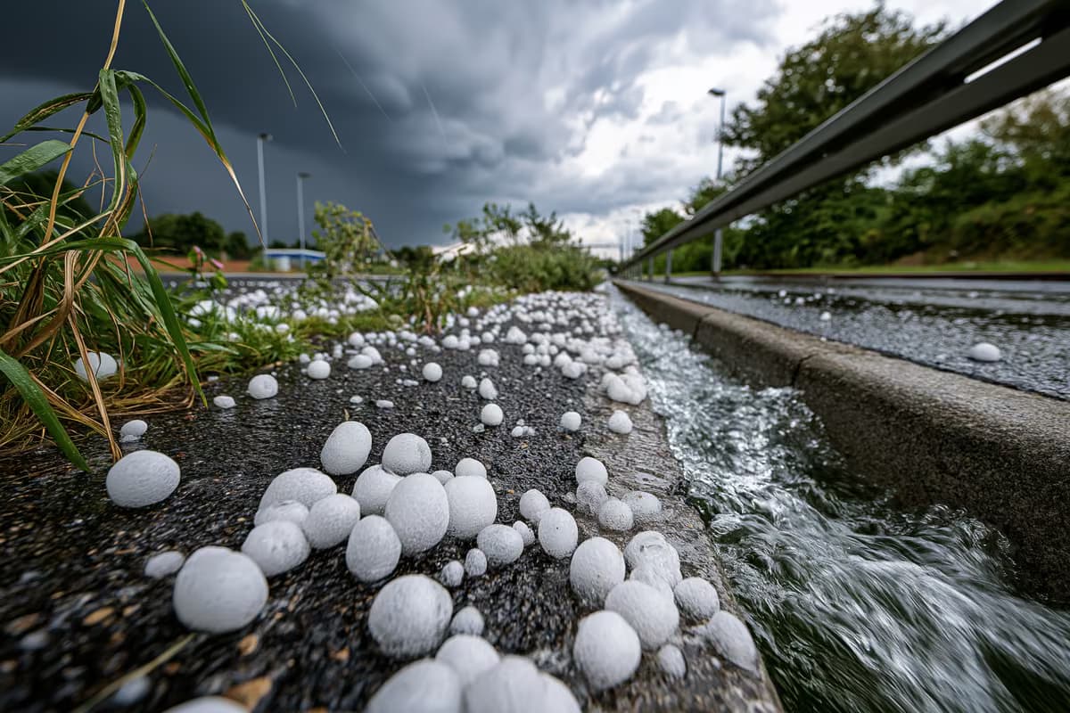 Große Hagelkörner lagen nach einem Sommergewitter verstreut auf dem nassen Gehweg.