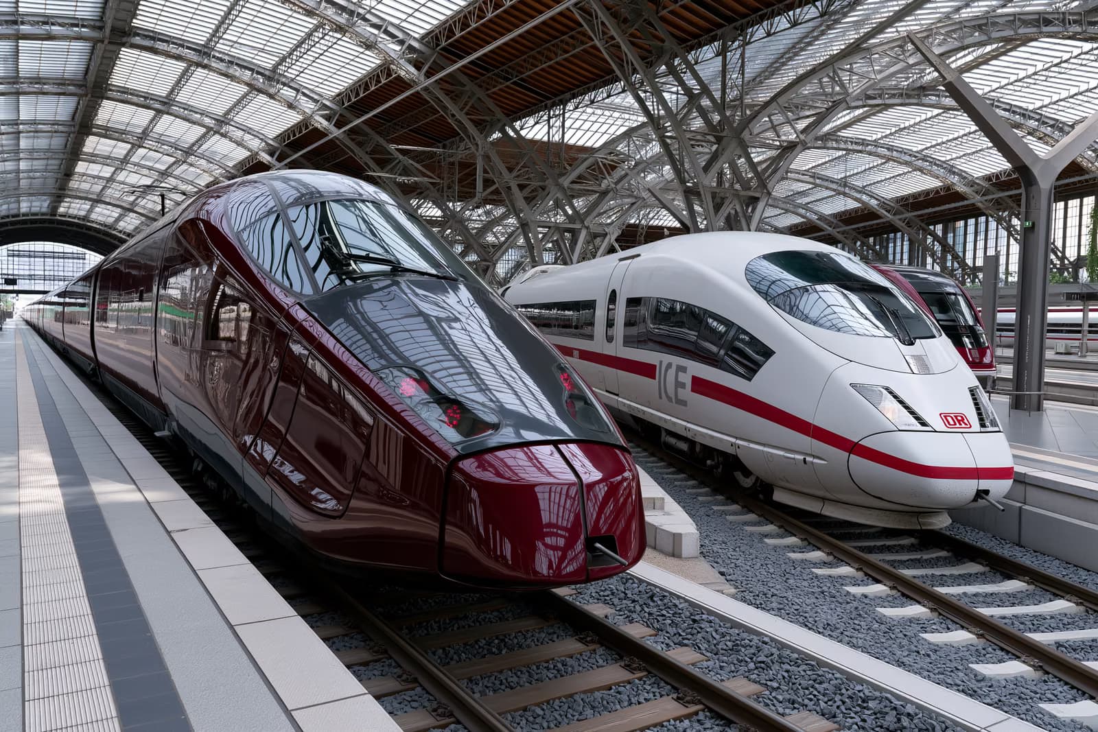 Ein dunkelroter Hochgeschwindigkeitszug neben einem weißen ICE auf parallelen Gleisen in einer deutschen Bahnhofshalle symbolisiert die Herausforderung von Italo an die Deutsche Bahn.