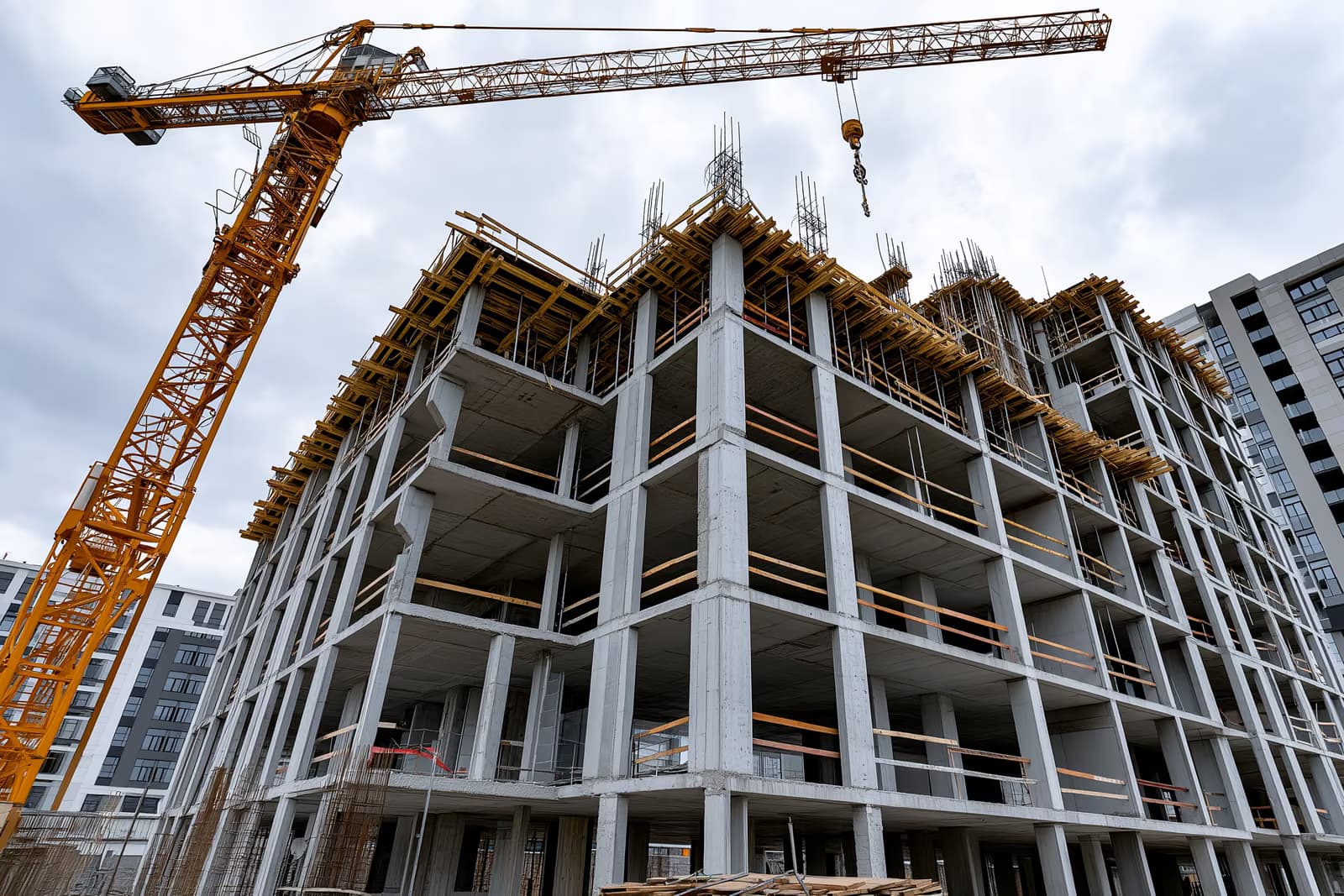 Ein unfertiger Rohbau aus Beton mit leeren Fensteröffnungen unter einem rostenden Kran - ein Sinnbild für die Verluste der Krankenkassen bei gescheiterten Immobiliengeschäften.
