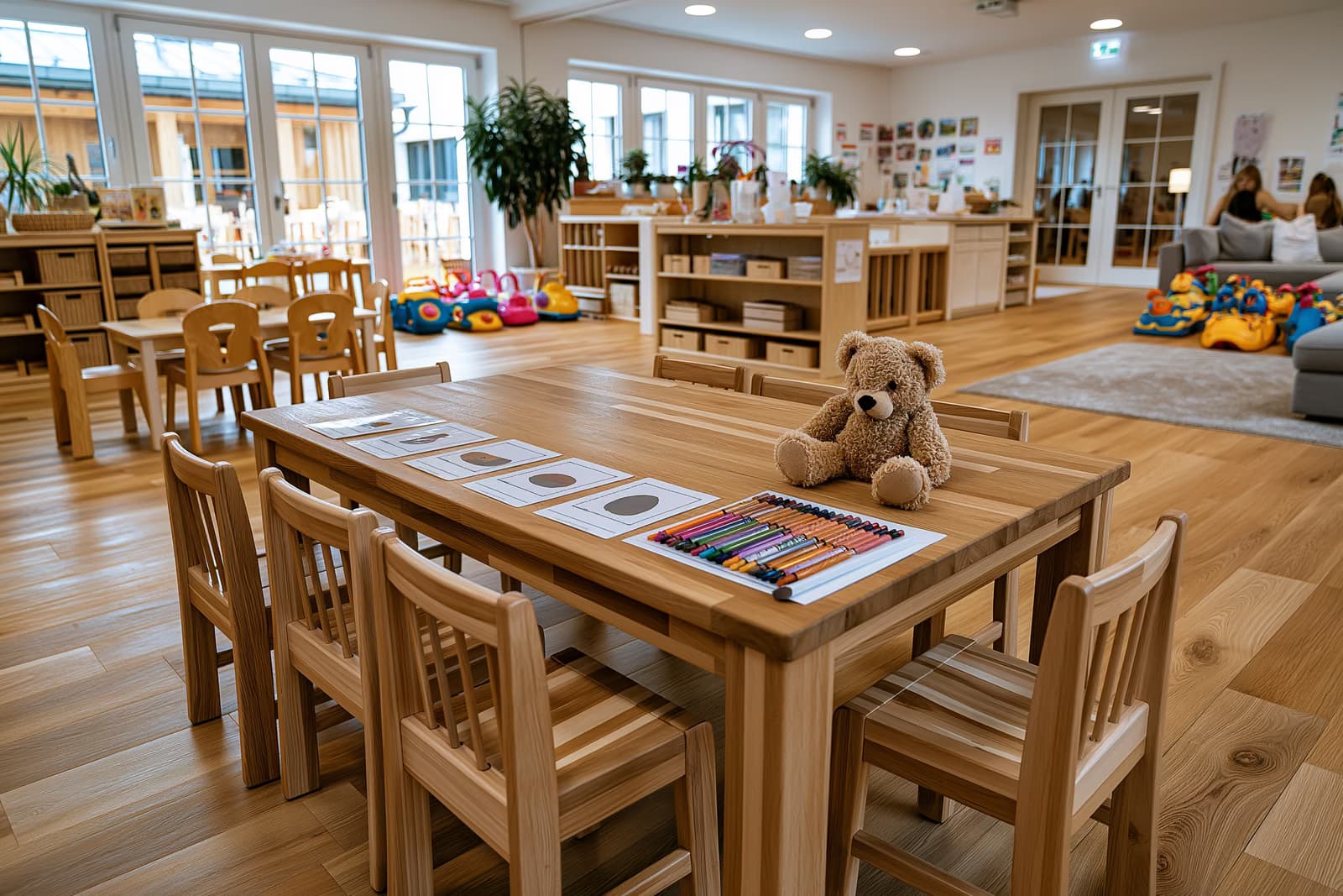 Auf einem Kindergartentisch liegen Bildkarten mit einfachen Gegenständen neben Buntstiften und einem Teddybären - Materialien, die typischerweise bei frühen Sprachtests verwendet werden.
