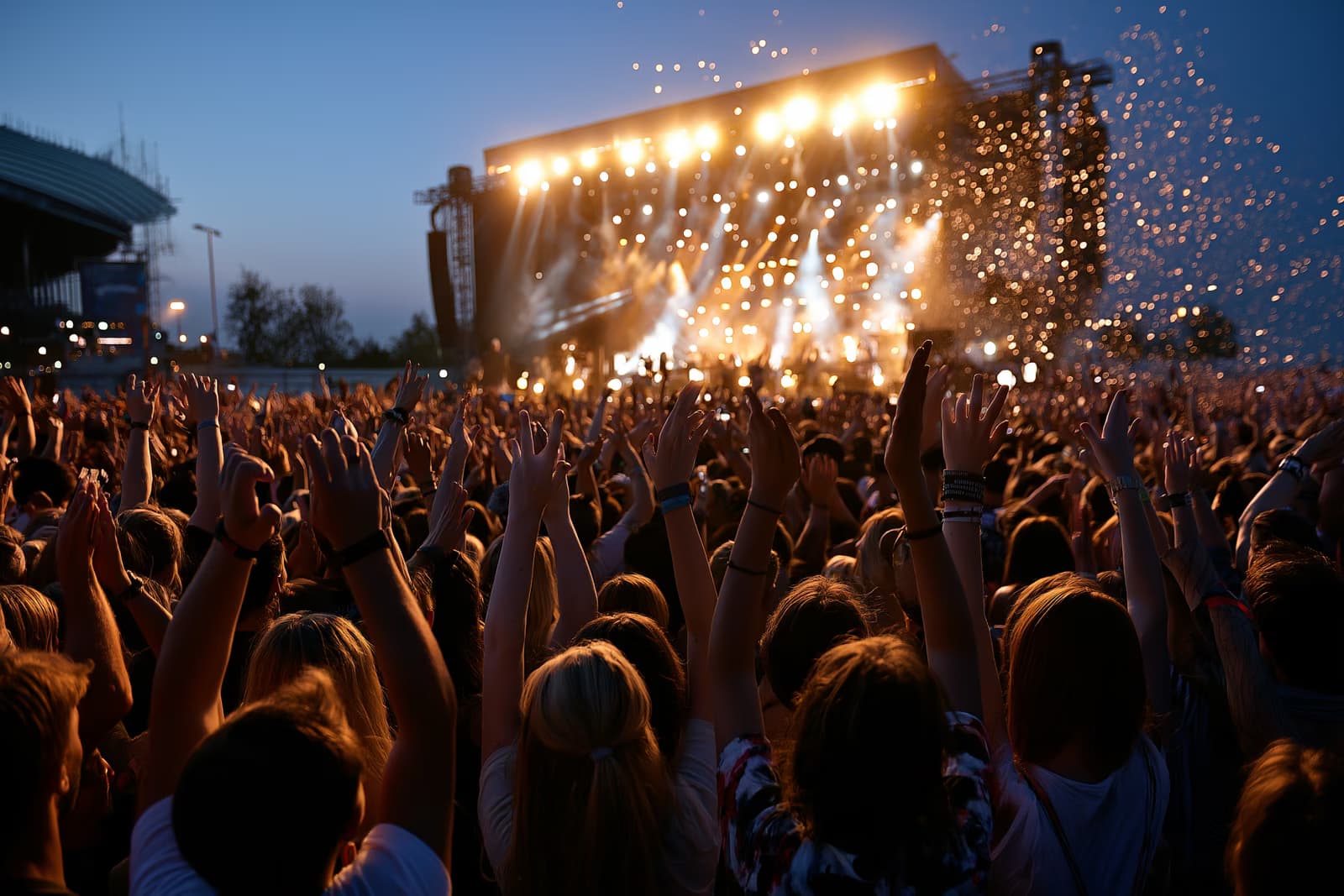 Eine riesige Festivalmenge mit erhobenen Händen vor der leuchtenden Hauptbühne beim Lollapalooza Berlin im Olympiapark bei Nacht