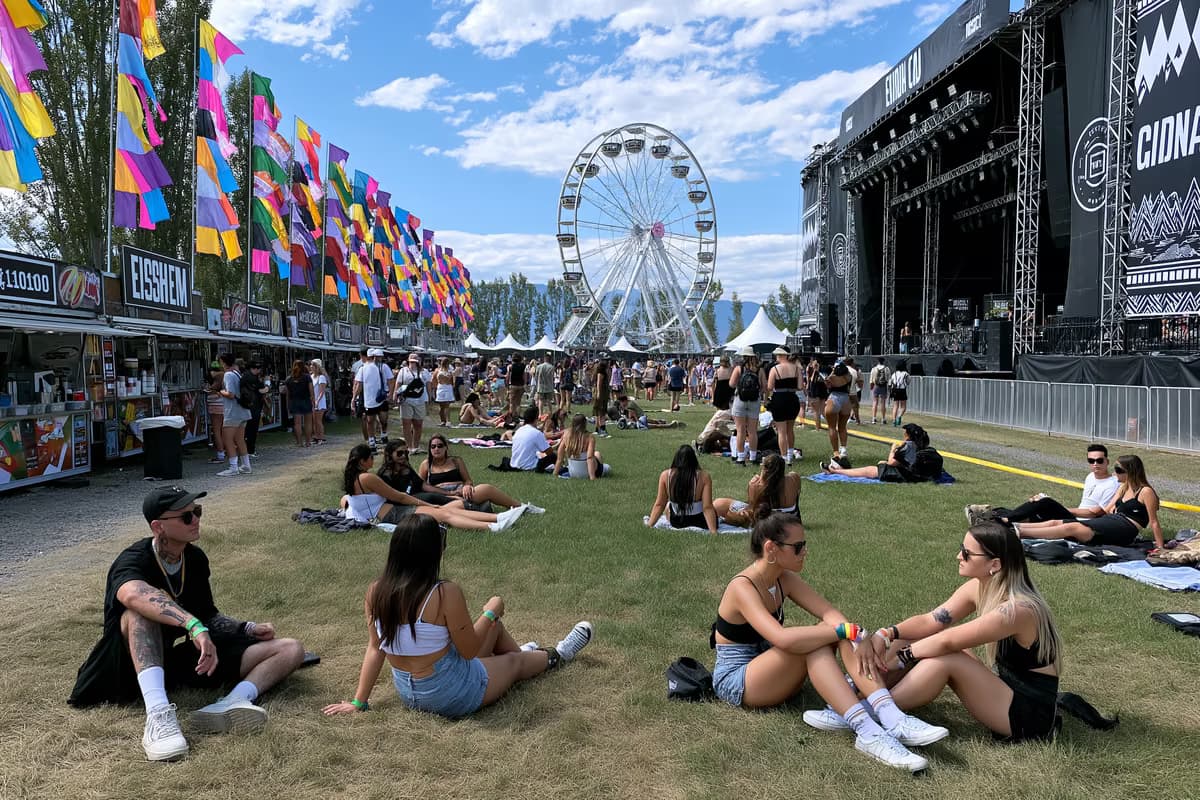 Das Festivalgelände des Lollapalooza Berlin bei Tag mit bunten Fahnen, Essensständen und Besuchern, die sich auf dem Rasen entspannen.