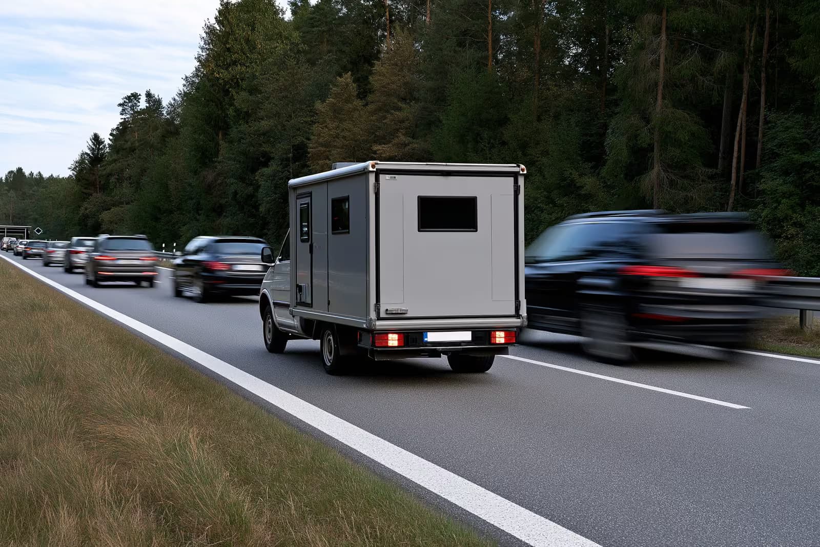 Ein mobiler Blitzer, der am Straßenrand in der Nähe einer Schulzone in einer deutschen Stadt aufgestellt ist.