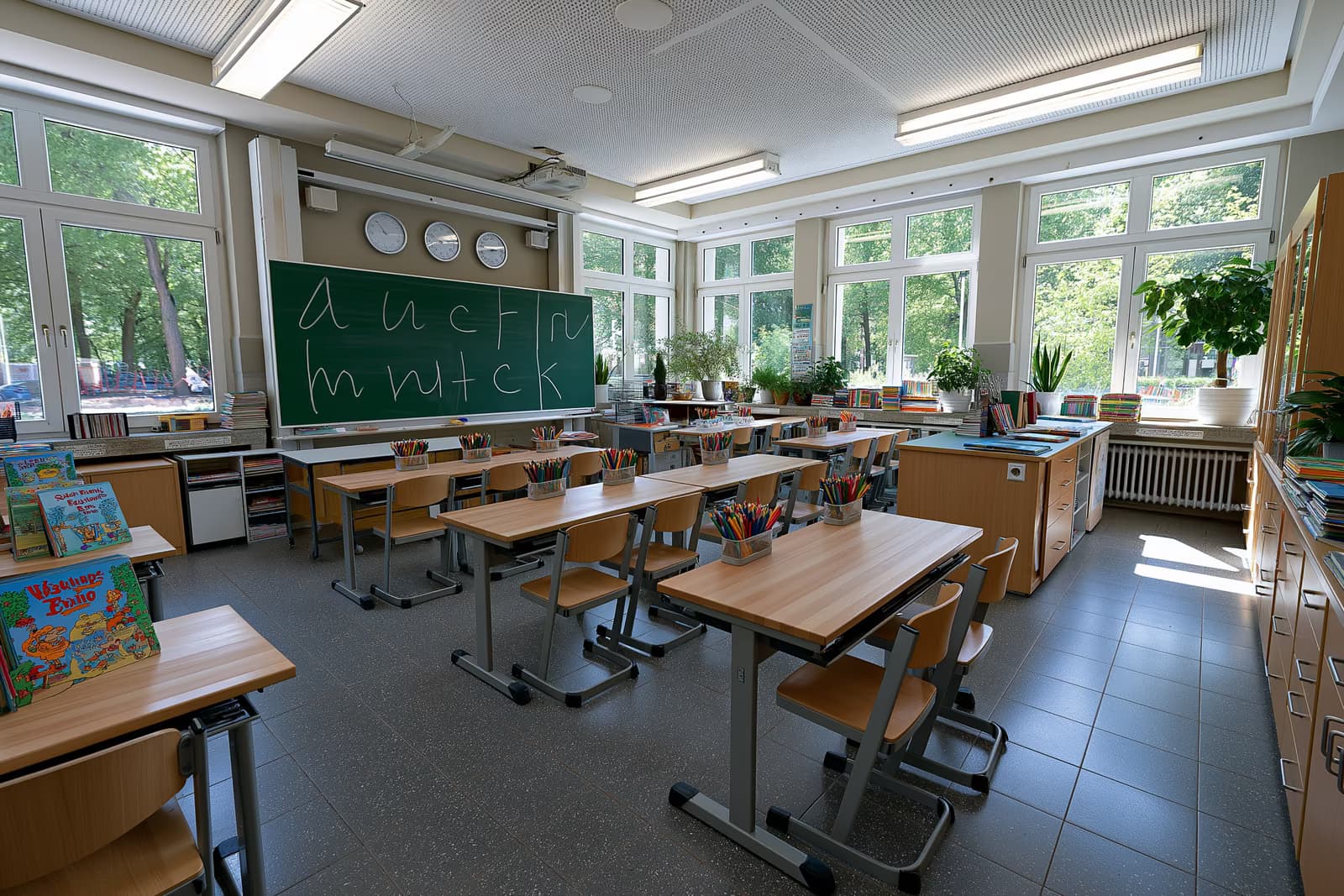 Ein helles Grundschulklassenzimmer mit Buchstabenformen auf einer grünen Tafel, bereit für den neuen ABC-Sprachunterricht in NRW.