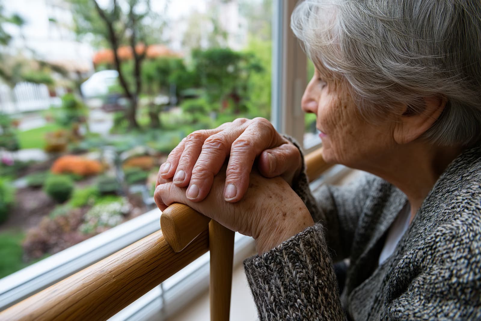 Eine ältere Frau sitzt mit um einen Gehstock gefalteten Händen an einem hellen Fenster eines Pflegeheims - ein stilles Bild der Sorge, die die steigenden Pflegeheimkosten auslösen.