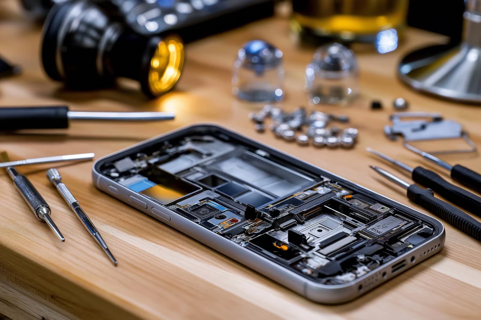 Ein geöffnetes Smartphone auf einer Reparaturwerkbank, umgeben von kleinen Werkzeugen und Ersatzteilen.