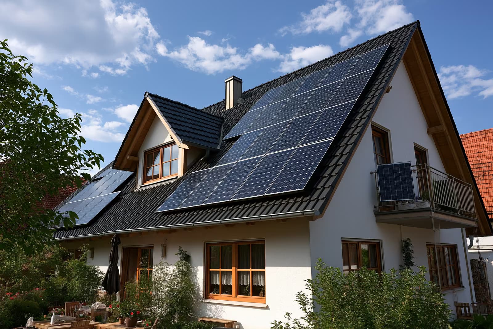 Reihen von Solarmodulen auf dem Dach eines deutschen Vorstadthauses unter klarem Himmel.