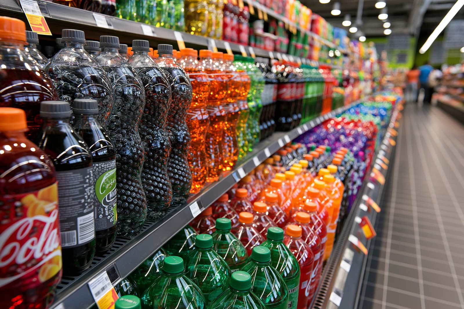 Reihen bunter Limonadenflaschen in einem hell erleuchteten Gang eines deutschen Supermarkts - Produkte, die von einer geplanten Zuckersteuer betroffen wären.