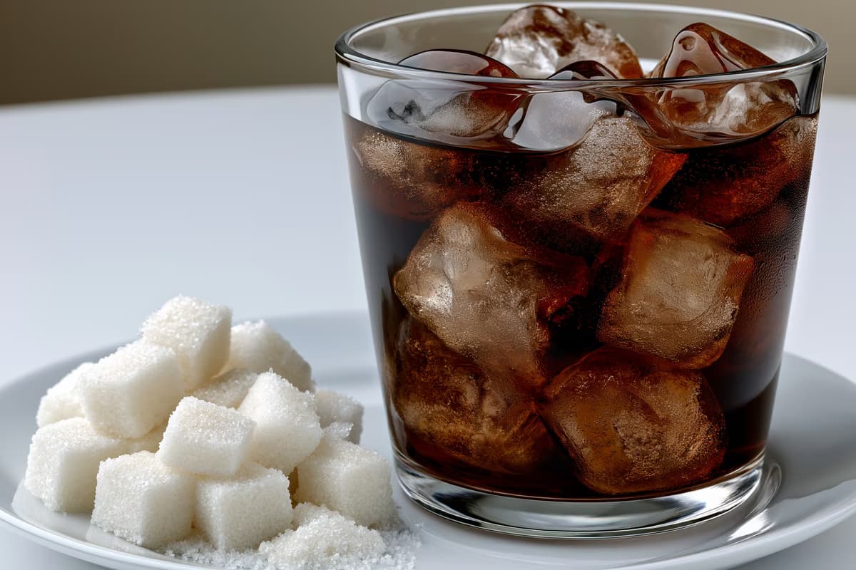Ein Glas Cola mit Eis neben einem kleinen Haufen weißer Zuckerwürfel auf einem weißen Tisch – ein Hinweis auf den Zuckergehalt, der der Steuerdebatte zugrunde liegt.