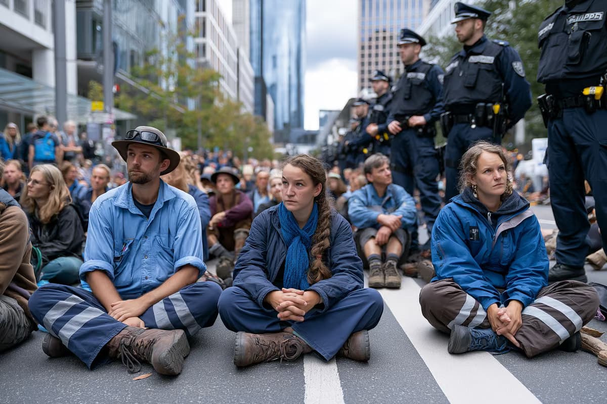 In einer deutschen Stadt sitzen Demonstranten auf einer Straßenblockade, Polizisten stehen in der Nähe.