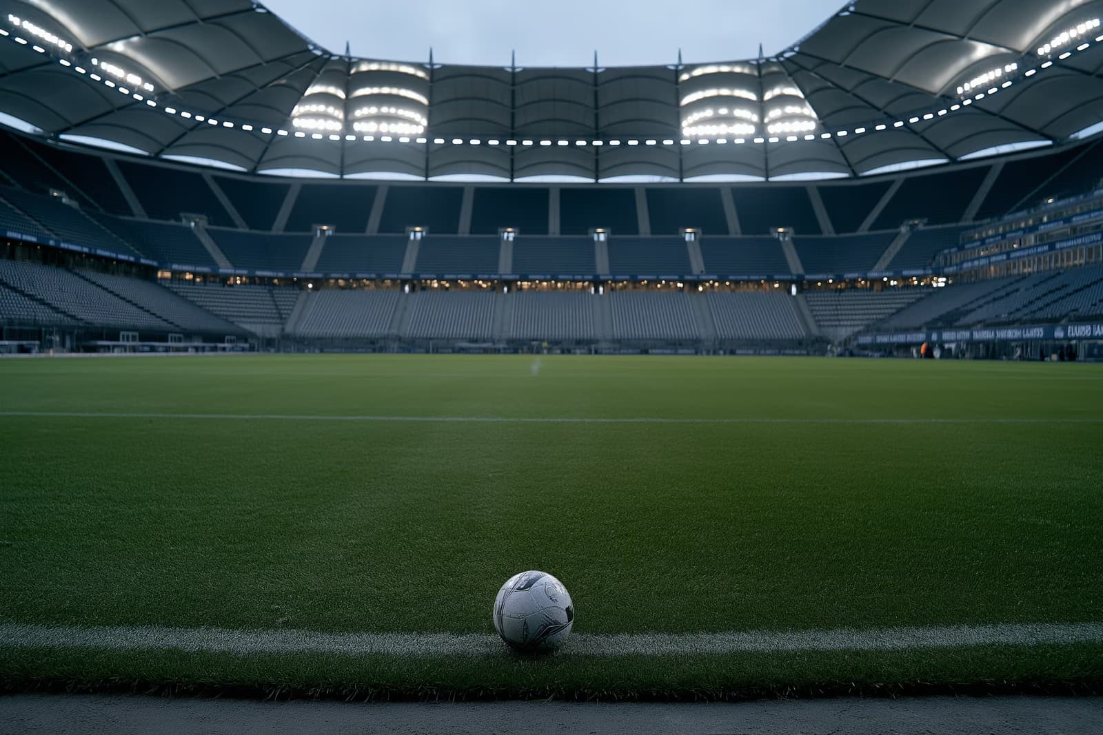 Ein leeres Hamburger Fußballstadion in der Abenddämmerung, Flutlicht an und ein einzelner Ball auf dem Mittelkreis, nachdem Vuskovic den HSV verlassen hat.