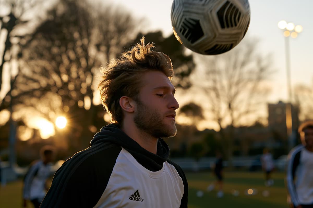 Ein junger Verteidiger in einfacher Trainingskleidung köpft in der goldenen Stunde allein auf dem Trainingsplatz einen Ball.