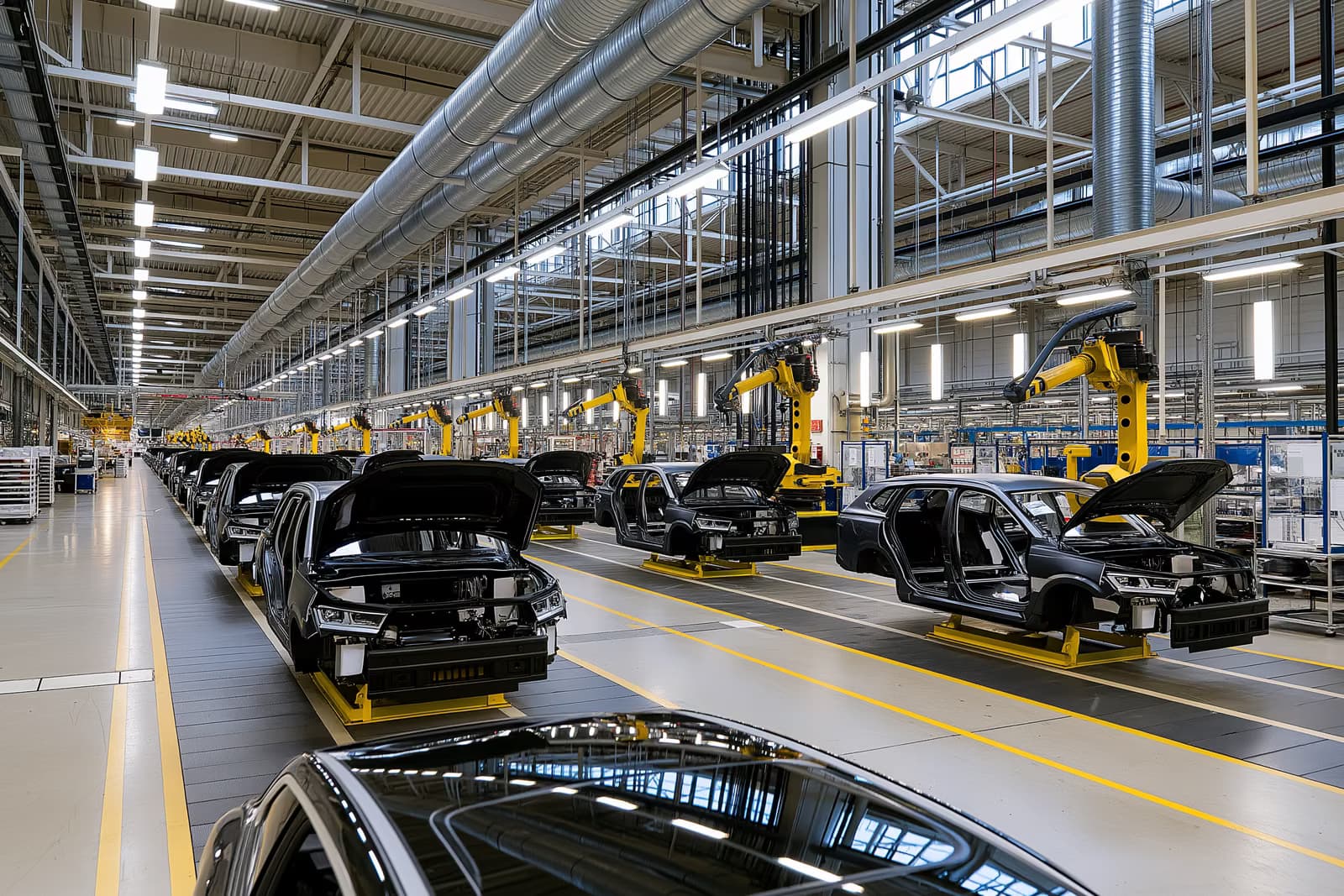 Roboterarme verharrten über unfertigen Karosserien an einem Volkswagen-Montageband, während der Streit um die Schließung der VW-Werke andauert.