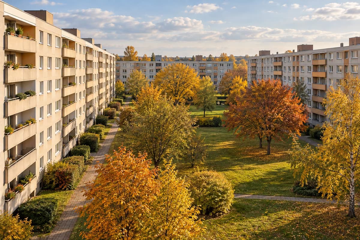 Eine Nachkriegssiedlung mit langen Wohnblöcken rund um einen grünen Innenhof mit Herbstbäumen in der Nachmittagssonne.