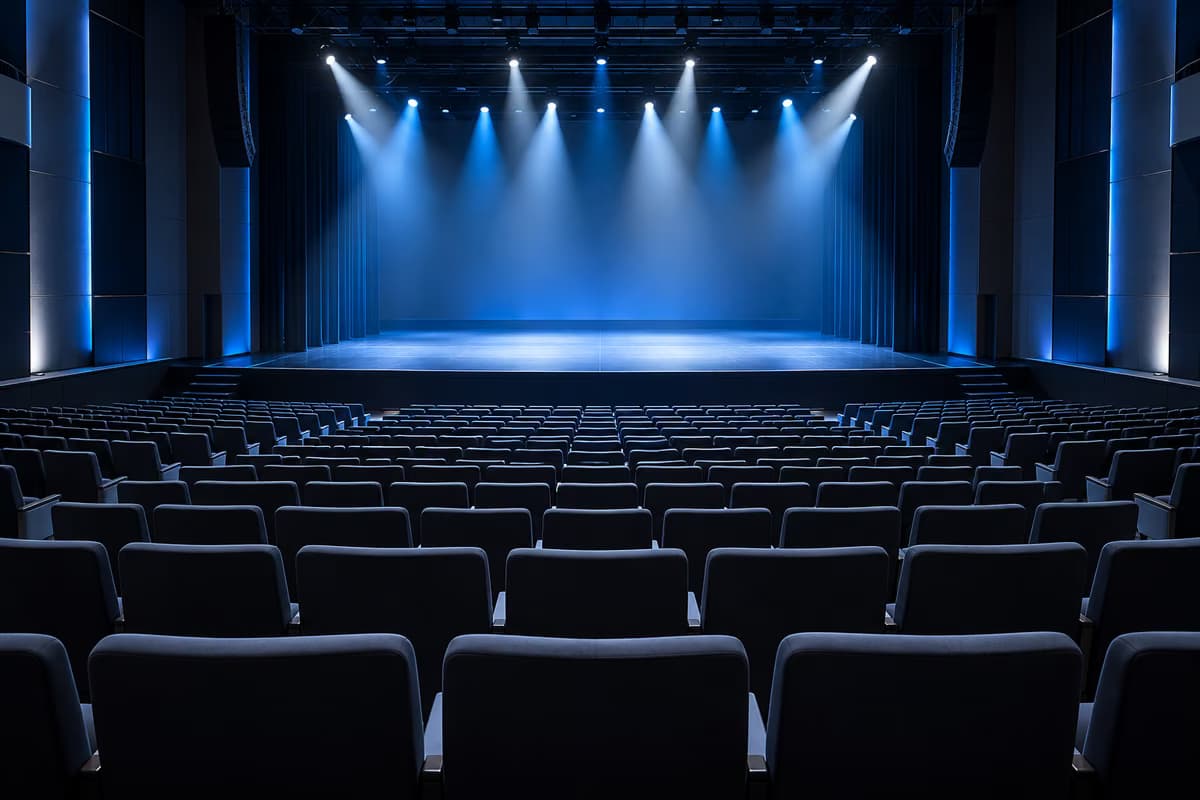 Ein leerer Zuschauersaal mit Reihen gepolsterter Sitze vor einer kahlen Bühne, die von blauen und weißen Scheinwerfern beleuchtet wird.