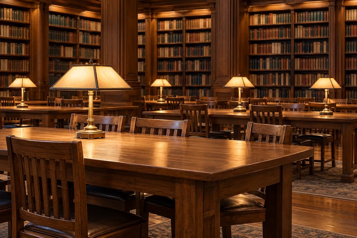 Ein leerer Lesesaal einer Bibliothek mit Holztischen, Stühlen und Leselampen aus Messing vor hohen Regalen voller Bücher.