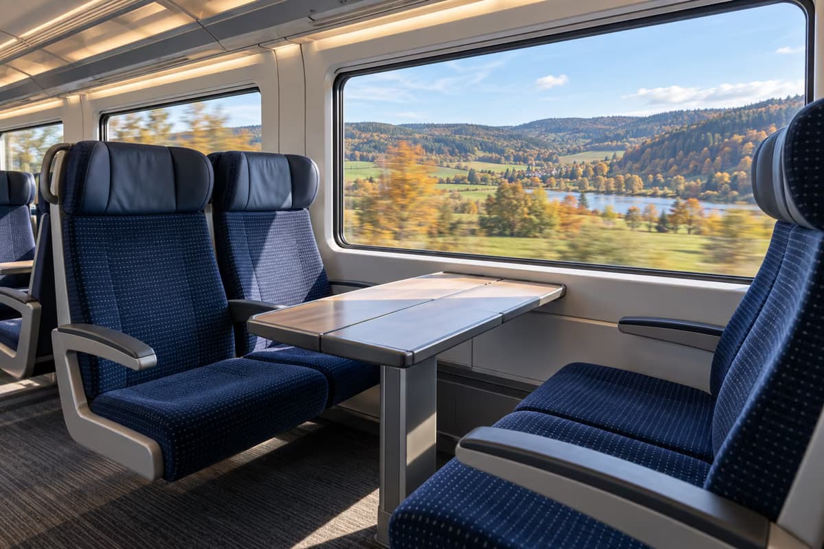Leere blau gepolsterte Sitze an einem Tisch in einem modernen Zugwagen, vor dem Fenster ziehen ein See und herbstliche Hügel vorbei.