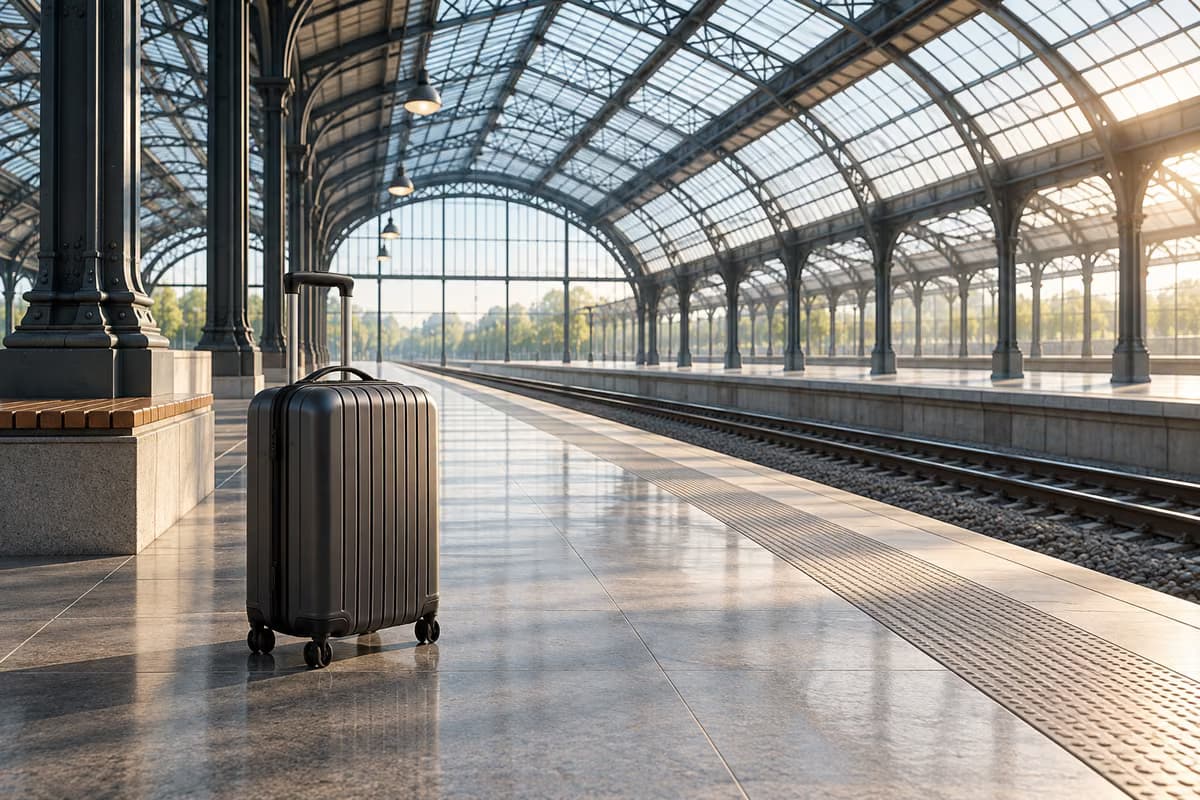 Ein grauer Koffer steht auf einem leeren Bahnsteig unter einem gewölbten Dach aus Glas und Stahl im sanften Morgenlicht.