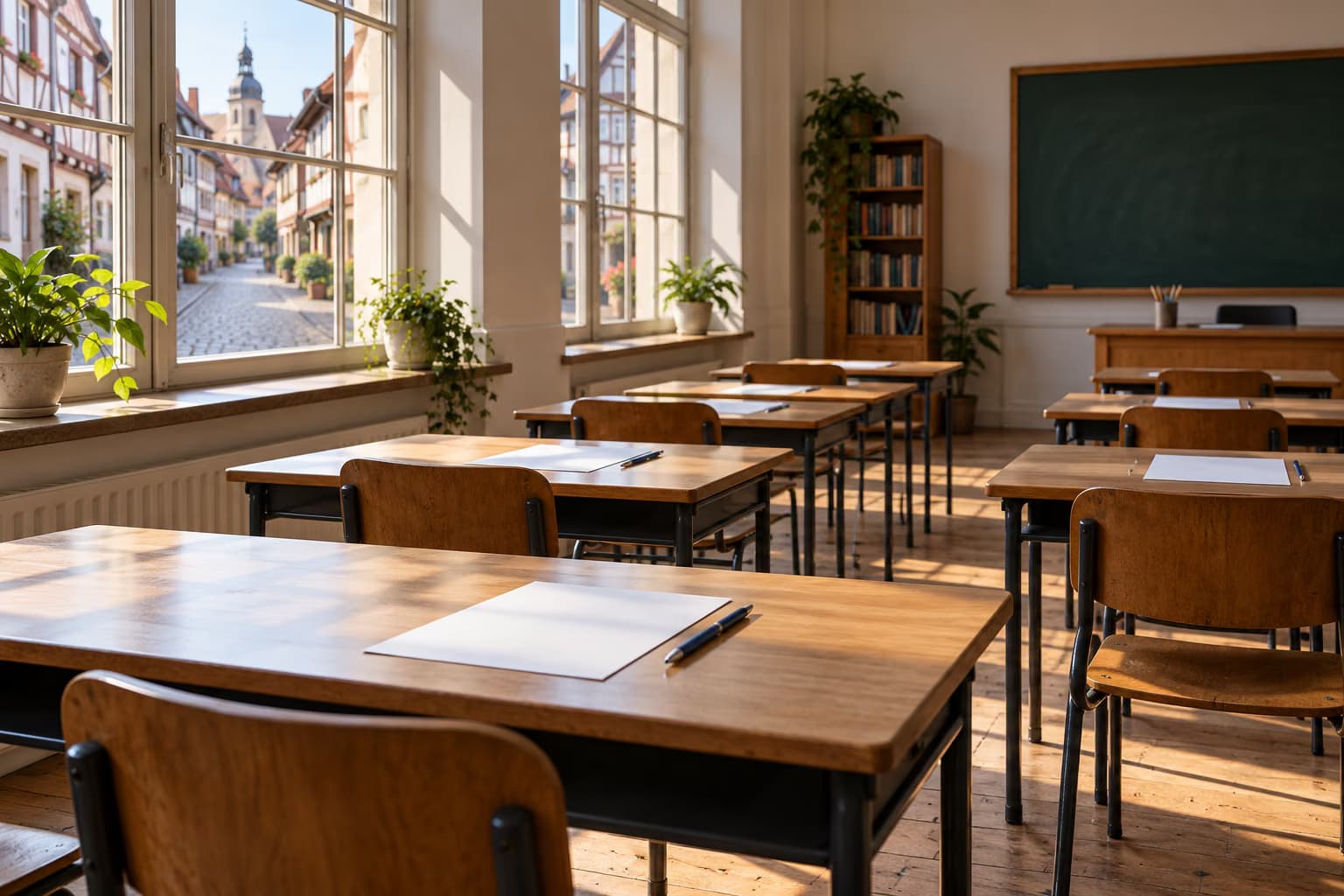 Ein leerer Klassenraum mit Holztischen, leeren Blättern und Stiften, die Fenster gehen auf eine gepflasterte Straße mit Fachwerkhäusern.