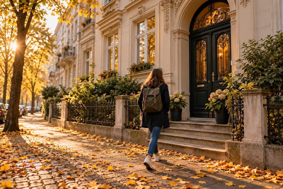 Eine Person mit Rucksack von hinten, die an den Stufen und der gewölbten Haustür eines alten Wohnhauses in einer herbstlichen Straße mit Bäumen vorbeigeht.