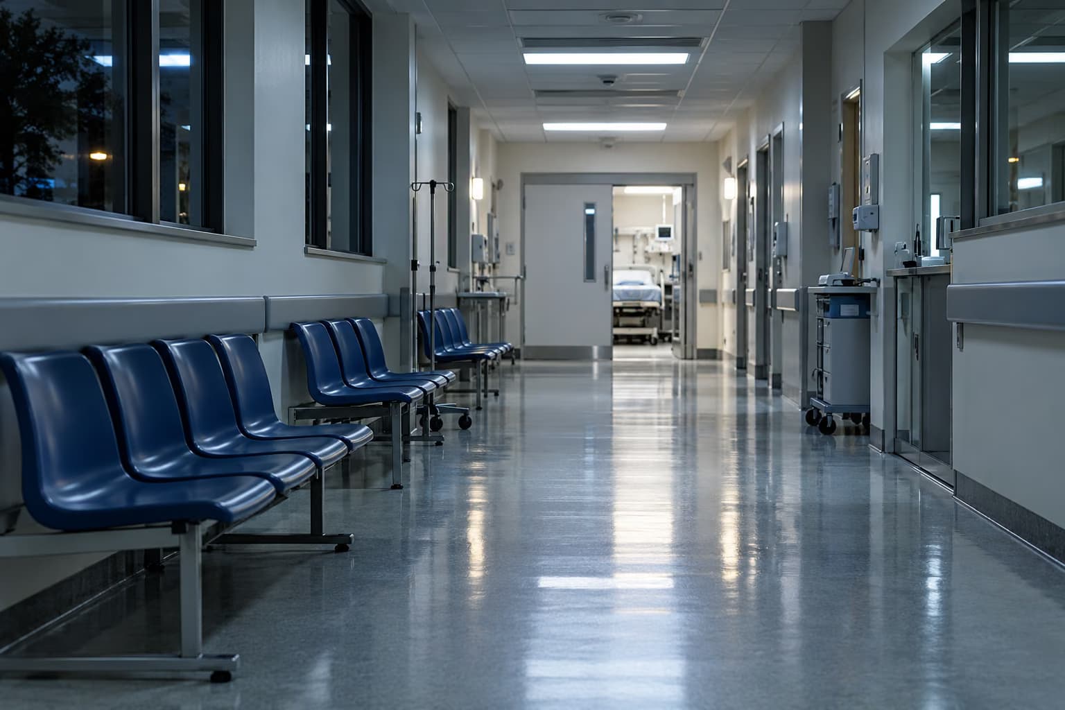 Ein leerer Krankenhausflur bei Nacht mit Reihen blauer Wartestühle an der Wand und einer offenen Tür zu einem Behandlungsraum am Ende.
