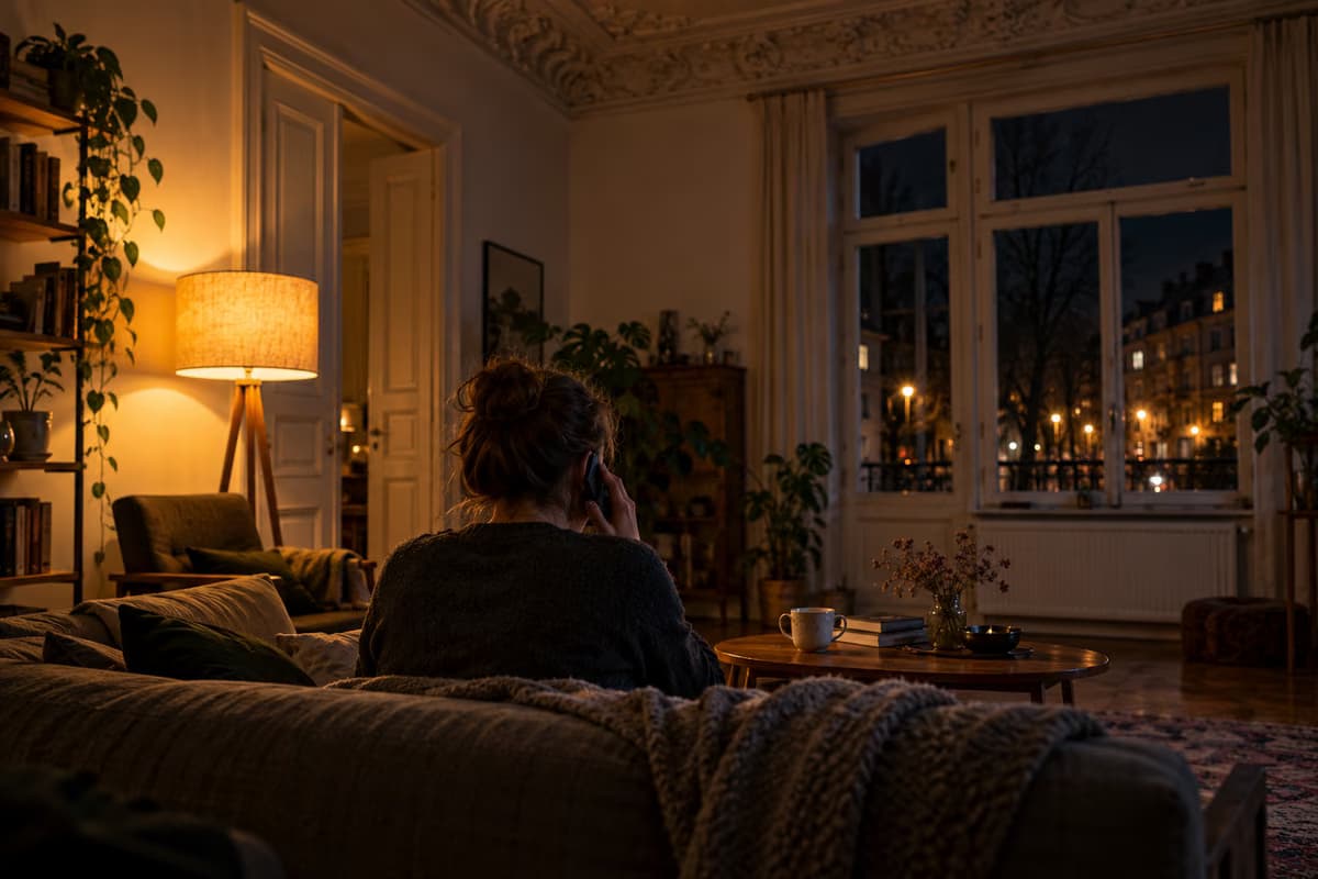 Eine Person, von hinten zu sehen, sitzt am Abend auf einem Sofa in einer schwach beleuchteten Altbauwohnung mit Stuckdecke und telefoniert.