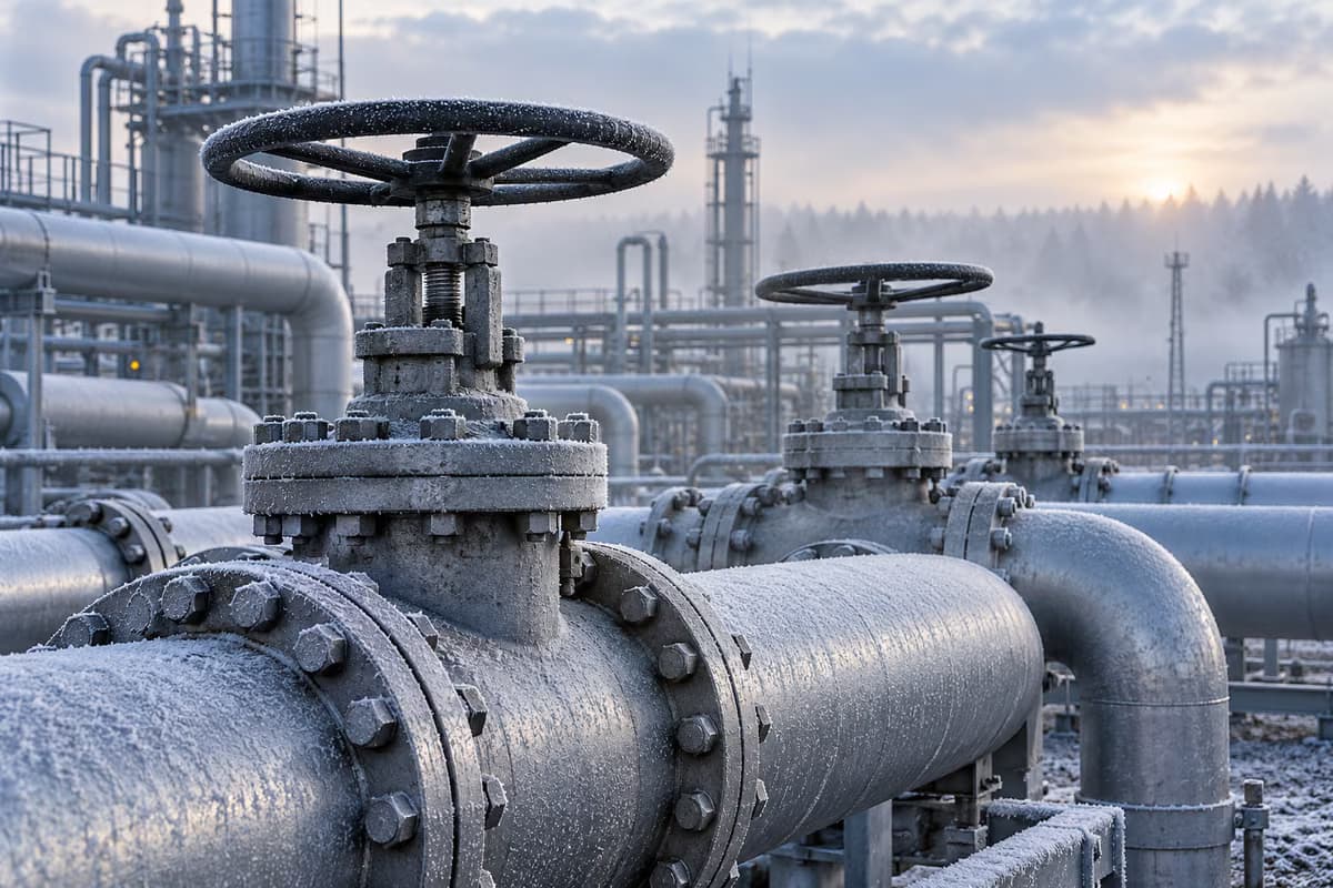 Nahaufnahme von mit Raureif bedeckten Industrie-Gasrohren mit großen Handradventilen in einer Gasanlage an einem nebligen Wintermorgen.