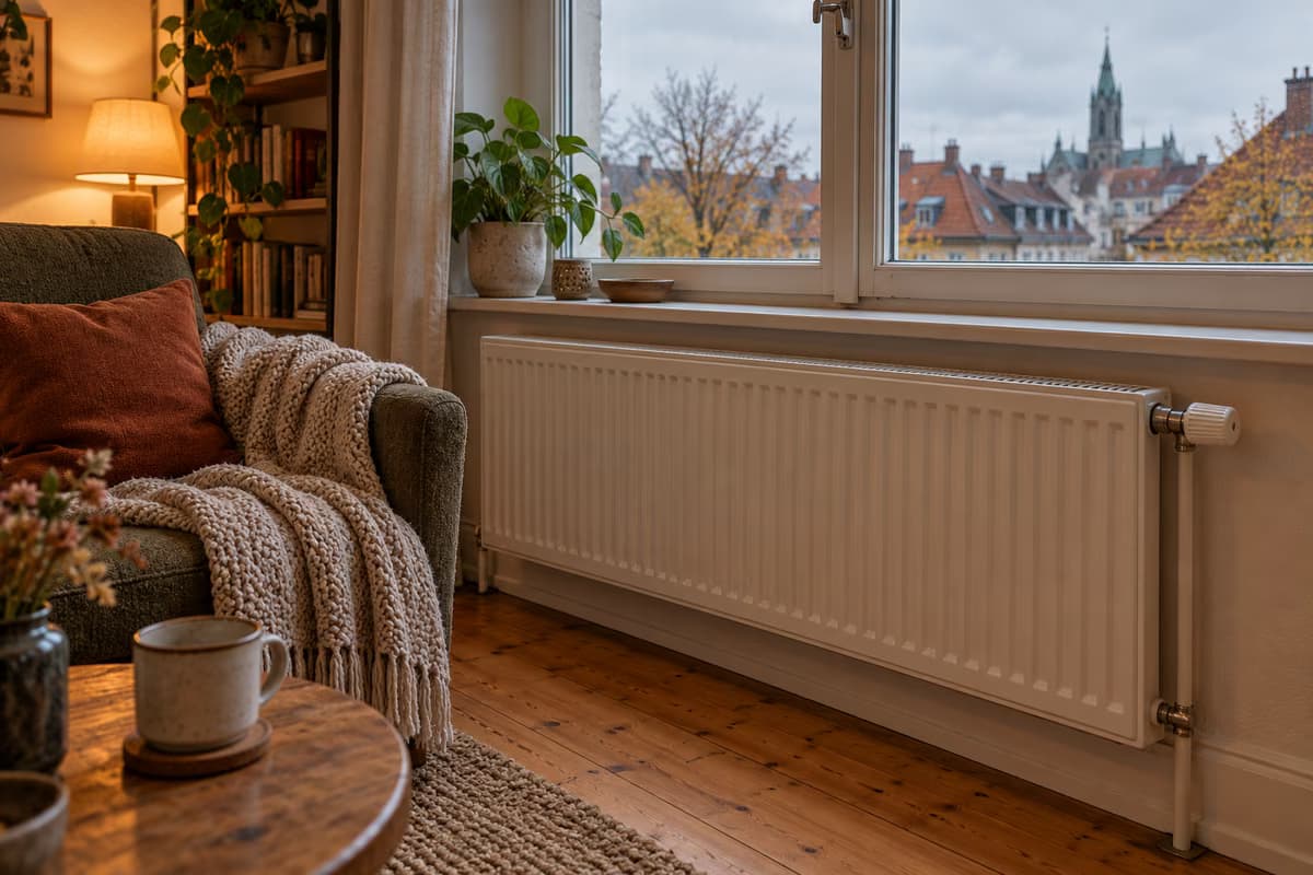 Ein weißer Plattenheizkörper mit Thermostatventil unter einem Fenster in einem gemütlichen Wohnzimmer, mit Sessel, Strickdecke und Ziegeldächern vor dem Fenster.