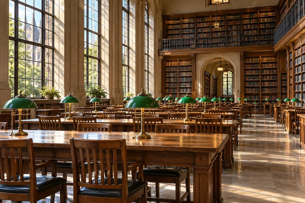 Ein leerer Lesesaal einer Bibliothek mit langen Holztischen, grünen Schreibtischlampen, hohen Fenstern und hohen, mit Büchern gefüllten Regalen.